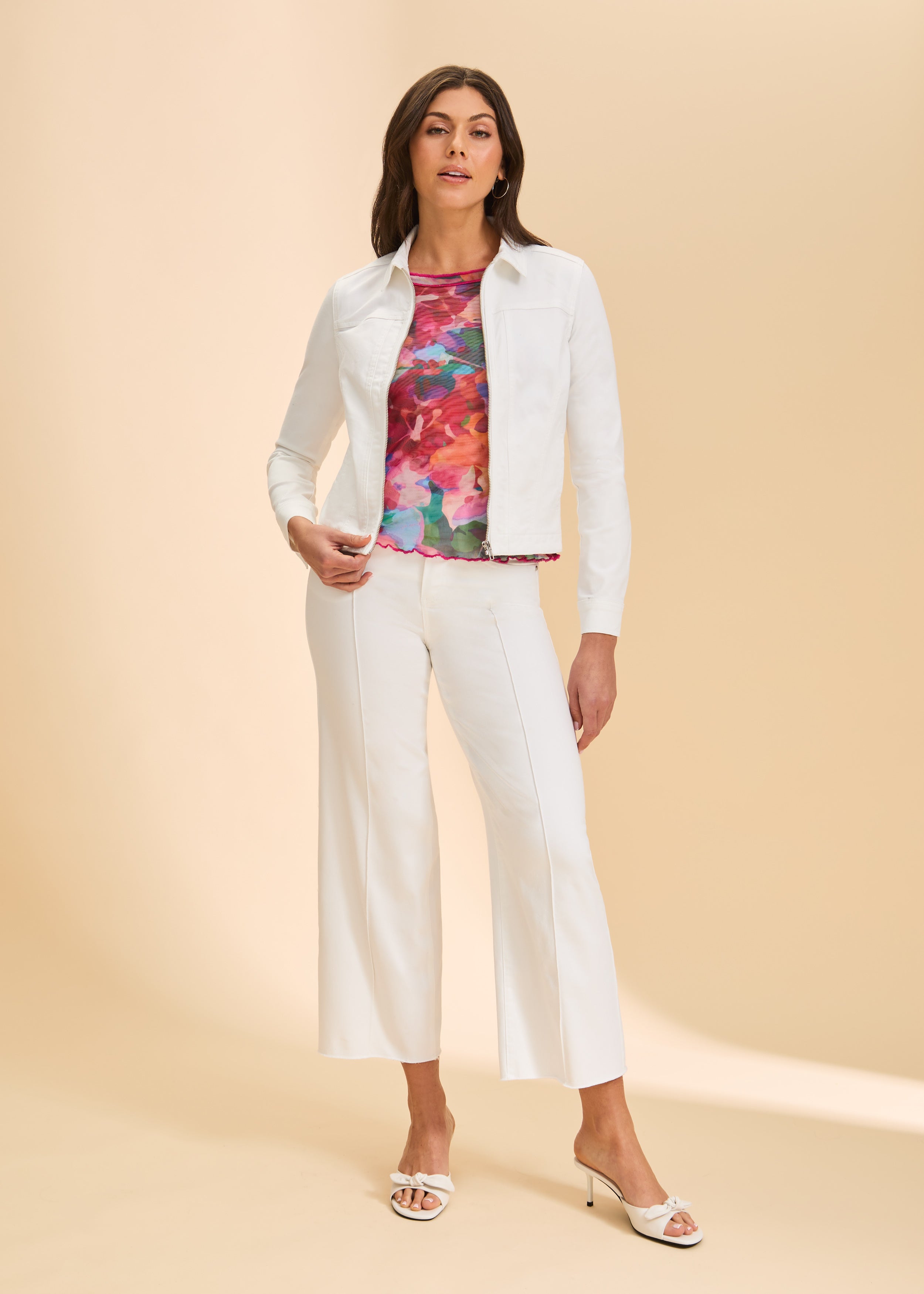 White jacket with floral top and pants full view by French Dressing Jeans (FDJ)