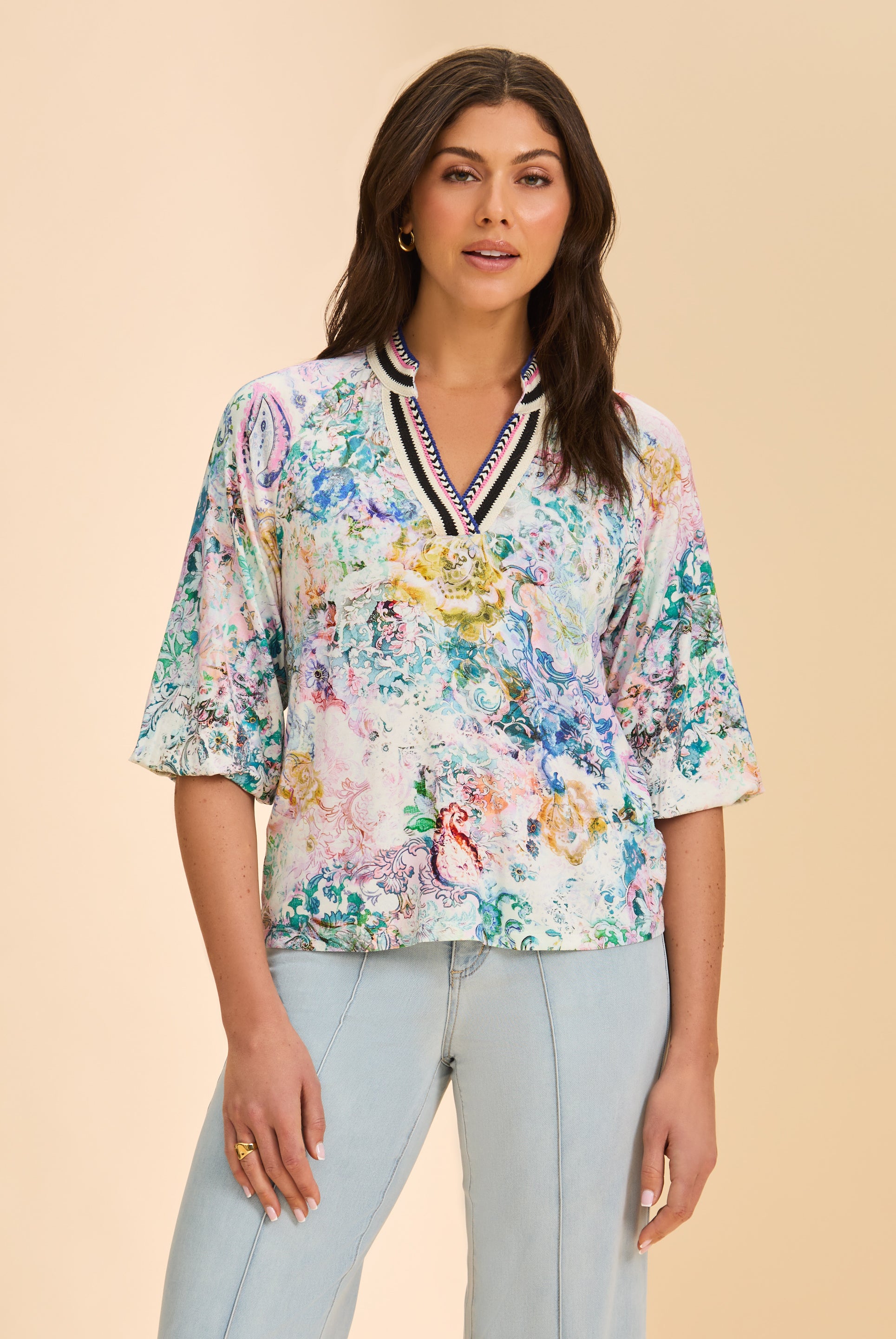 Close-up front view of multicolored floral top with V-neck detail by French Dressing Jeans (FDJ)