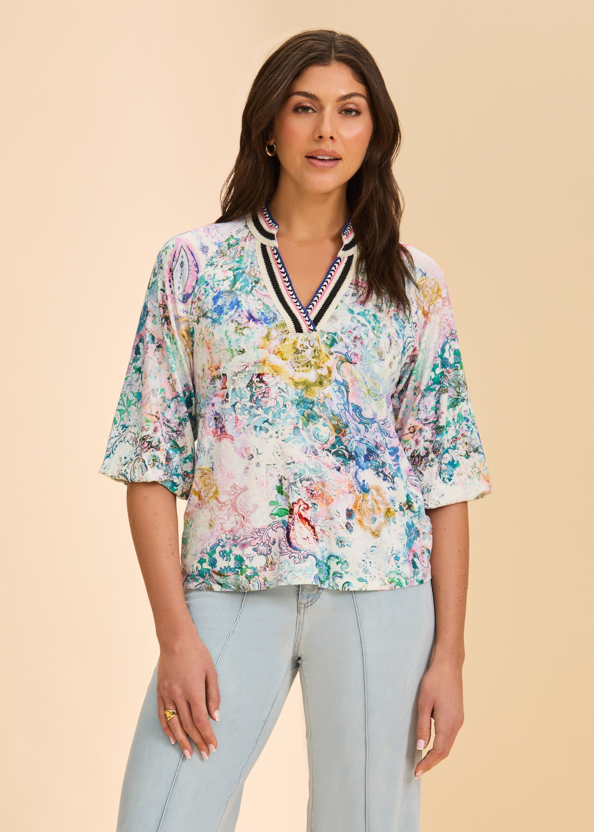 Close-up front view of multicolored floral top with V-neck detail by French Dressing Jeans (FDJ)