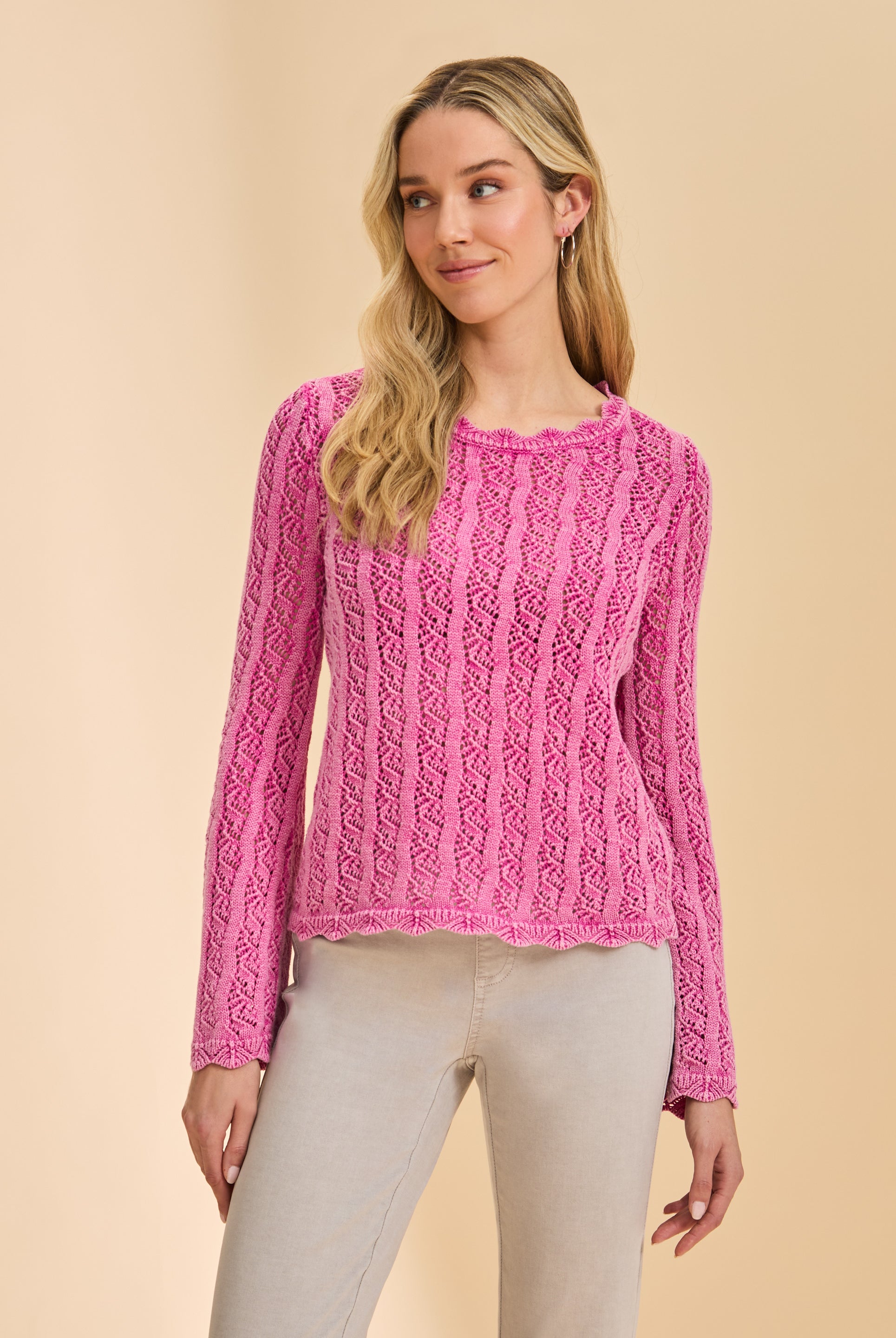 Front view of vibrant pink lace sweater with long sleeves by French Dressing Jeans (FDJ)