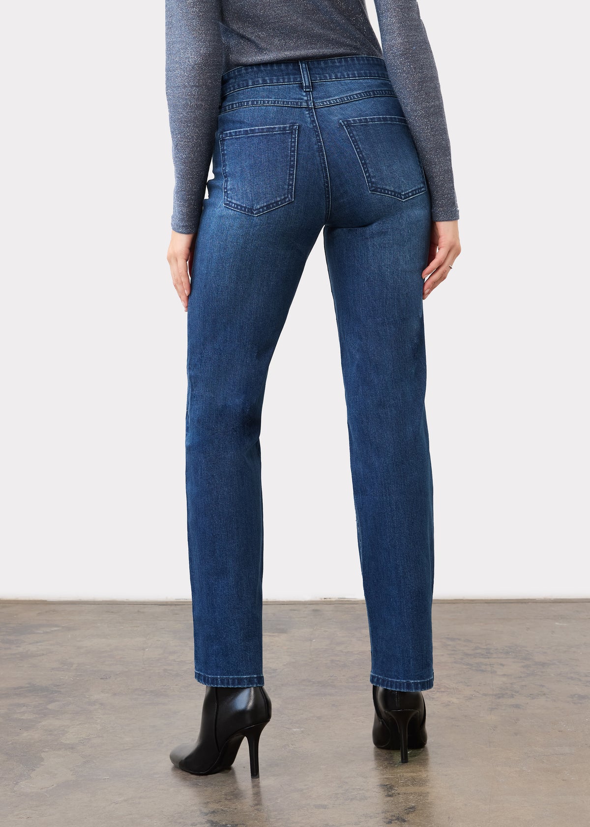 Back view of indigo jeans featuring patch pockets and slim straight leg by French Dressing Jeans (FDJ)