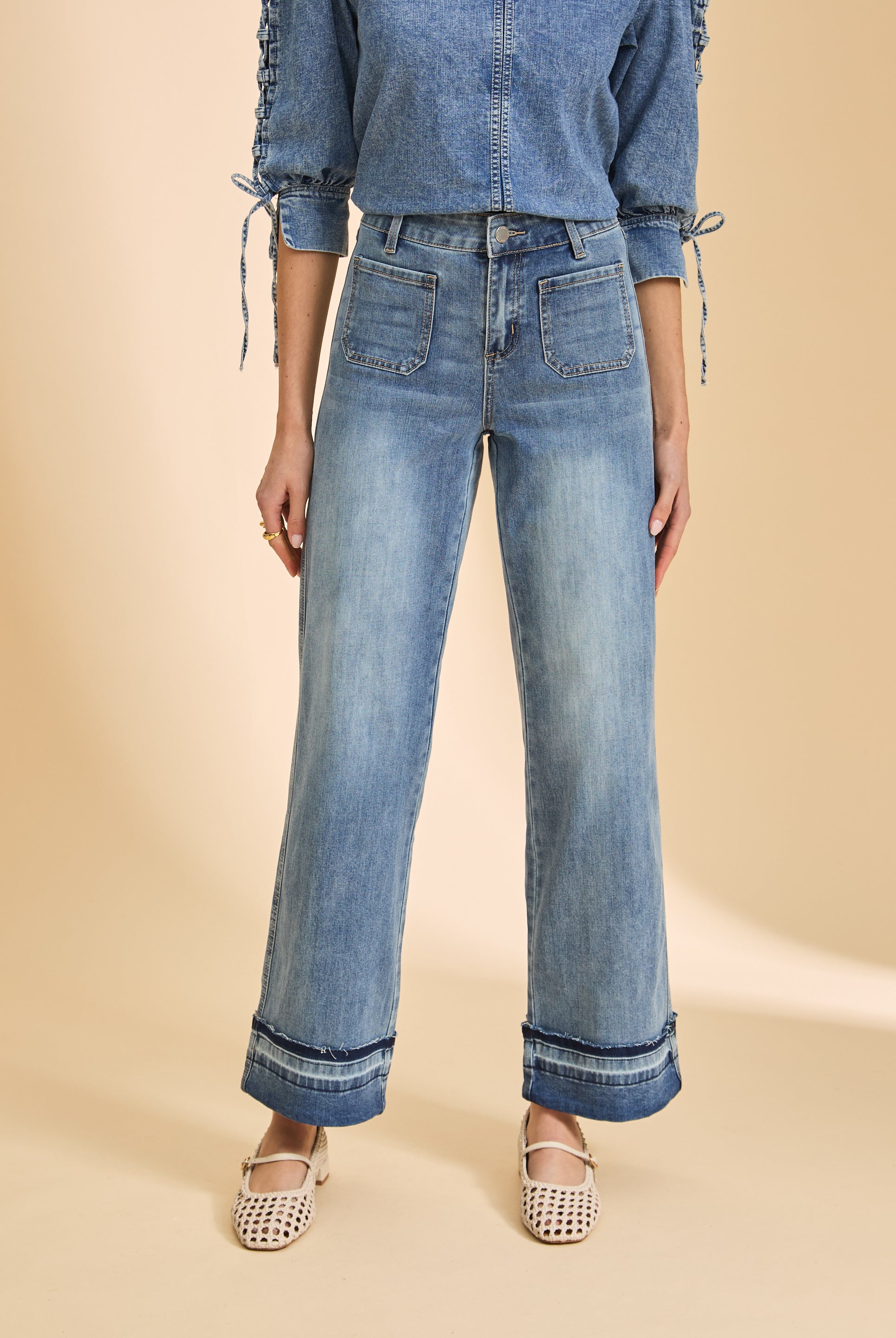 Front view of wide-leg denim with cuffed hem detailing by French Dressing Jeans (FDJ)