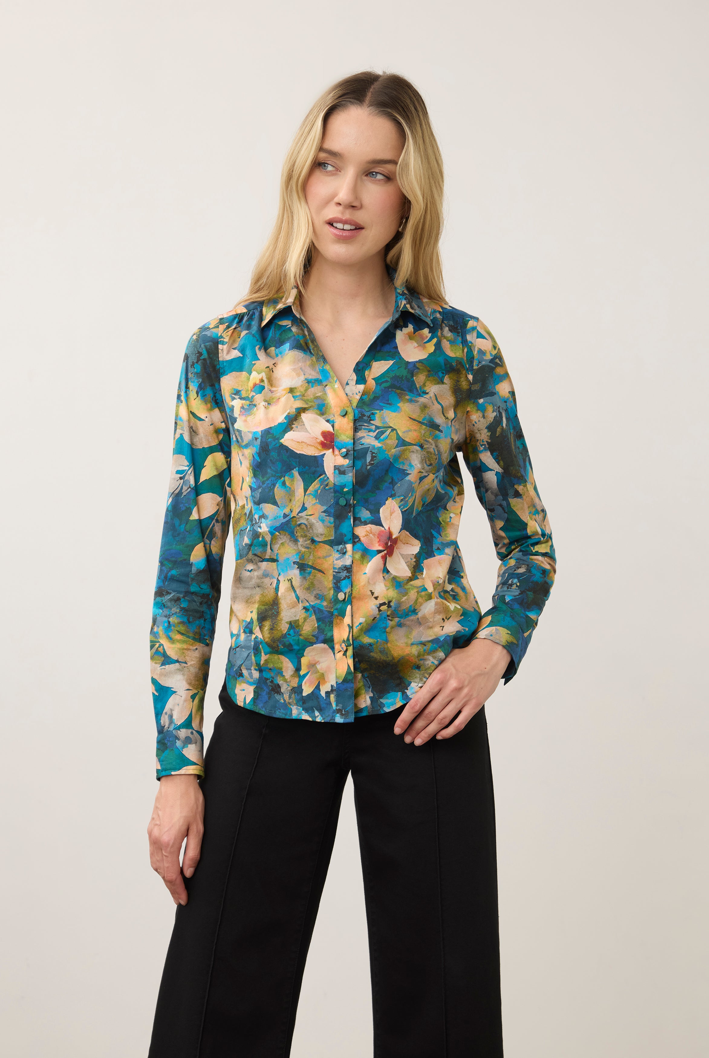 Front view of blue floral printed shirt with button front by French Dressing Jeans (FDJ)