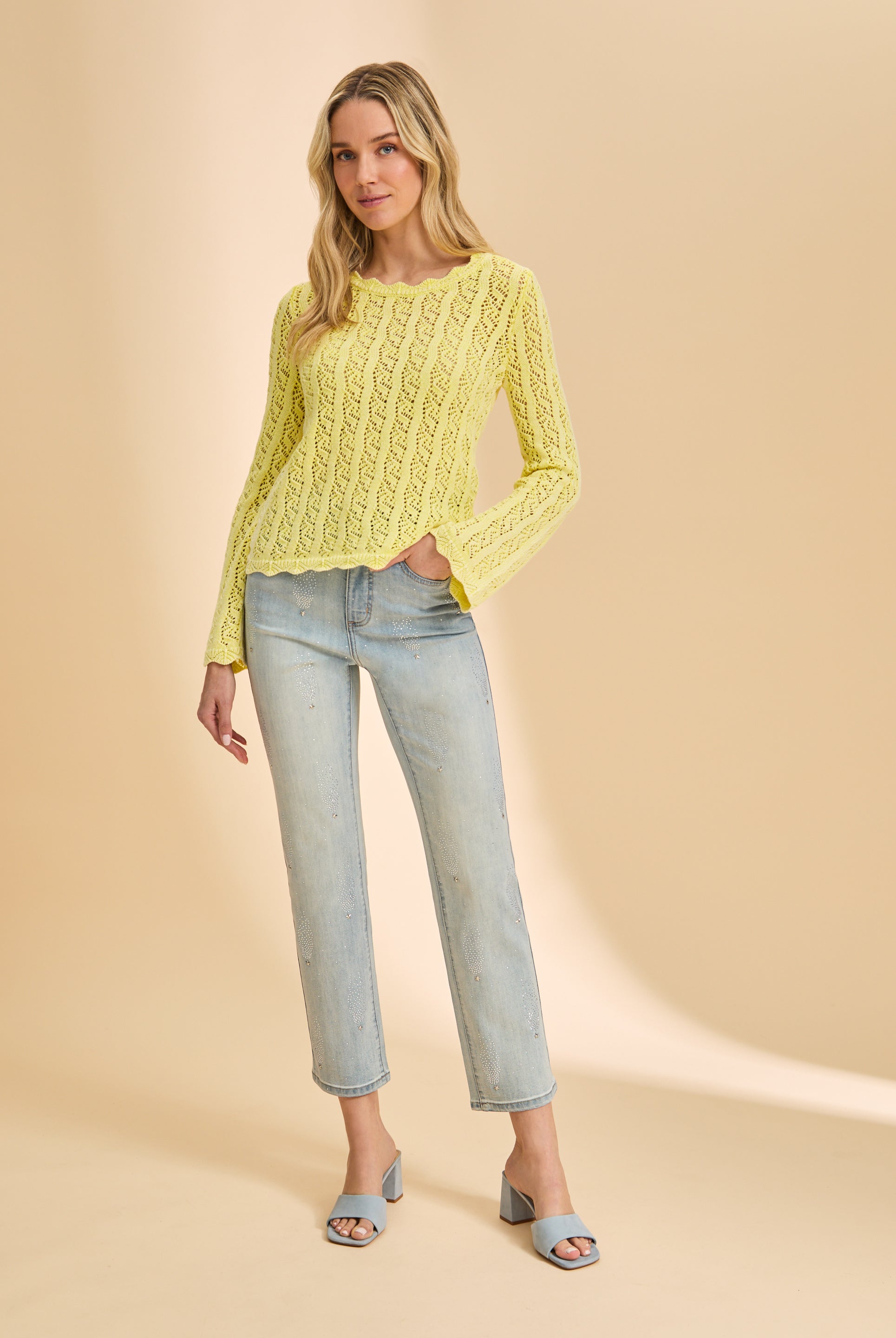 Full view of yellow lace sweater styled with light jeans by French Dressing Jeans (FDJ)