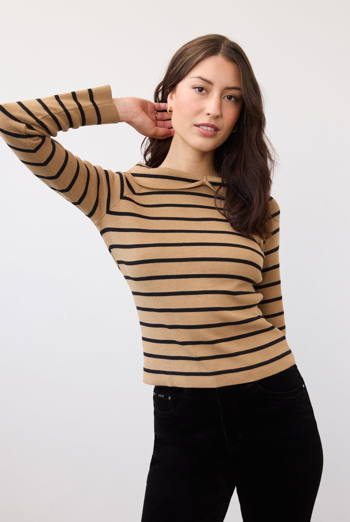Front view of striped sweater in tan and black with long sleeves by French Dressing Jeans (FDJ)