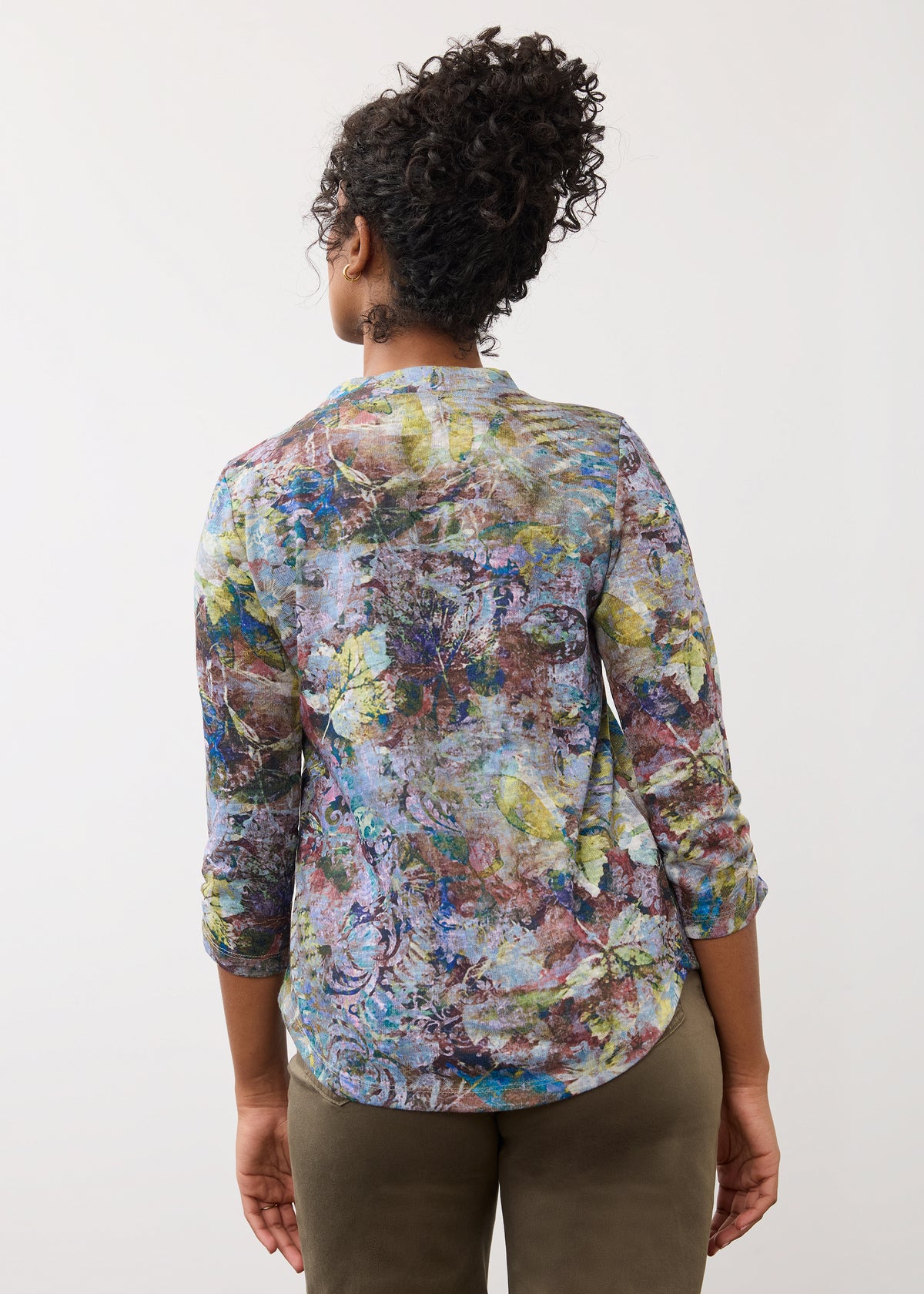 Back view of 3/4 sleeve top in Renaissance Bouquet pattern highlighting full back design by French Dressing Jeans (FDJ)