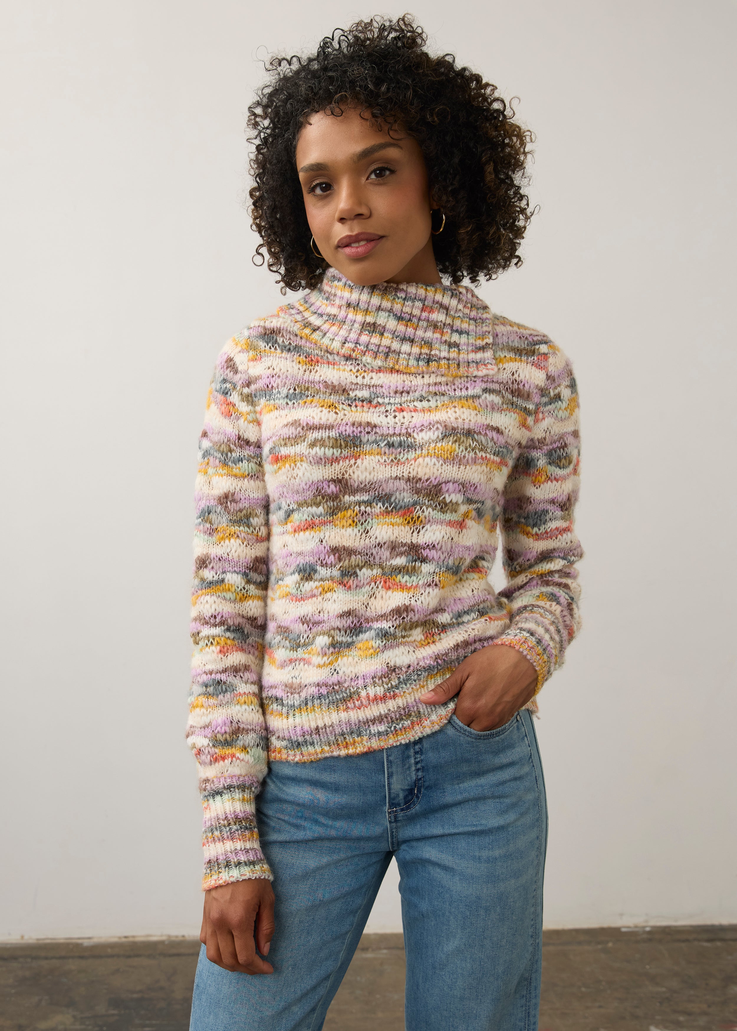Front view of cowl neck sweater in pastel shades, showing ribbed cuffs by French Dressing Jeans (FDJ)