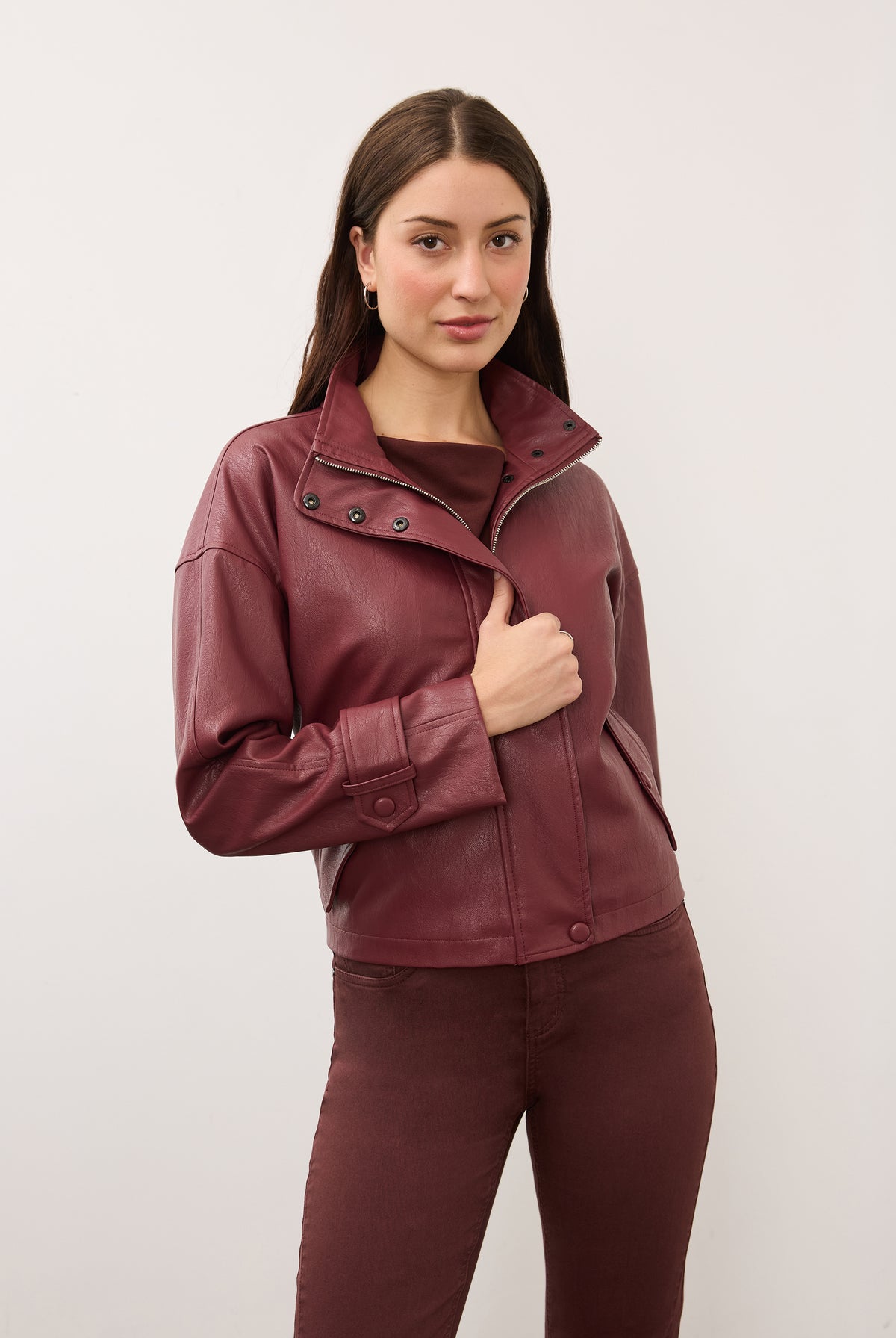 Front view of model in burgundy Olivia denim and jacket ensemble by French Dressing Jeans (FDJ)