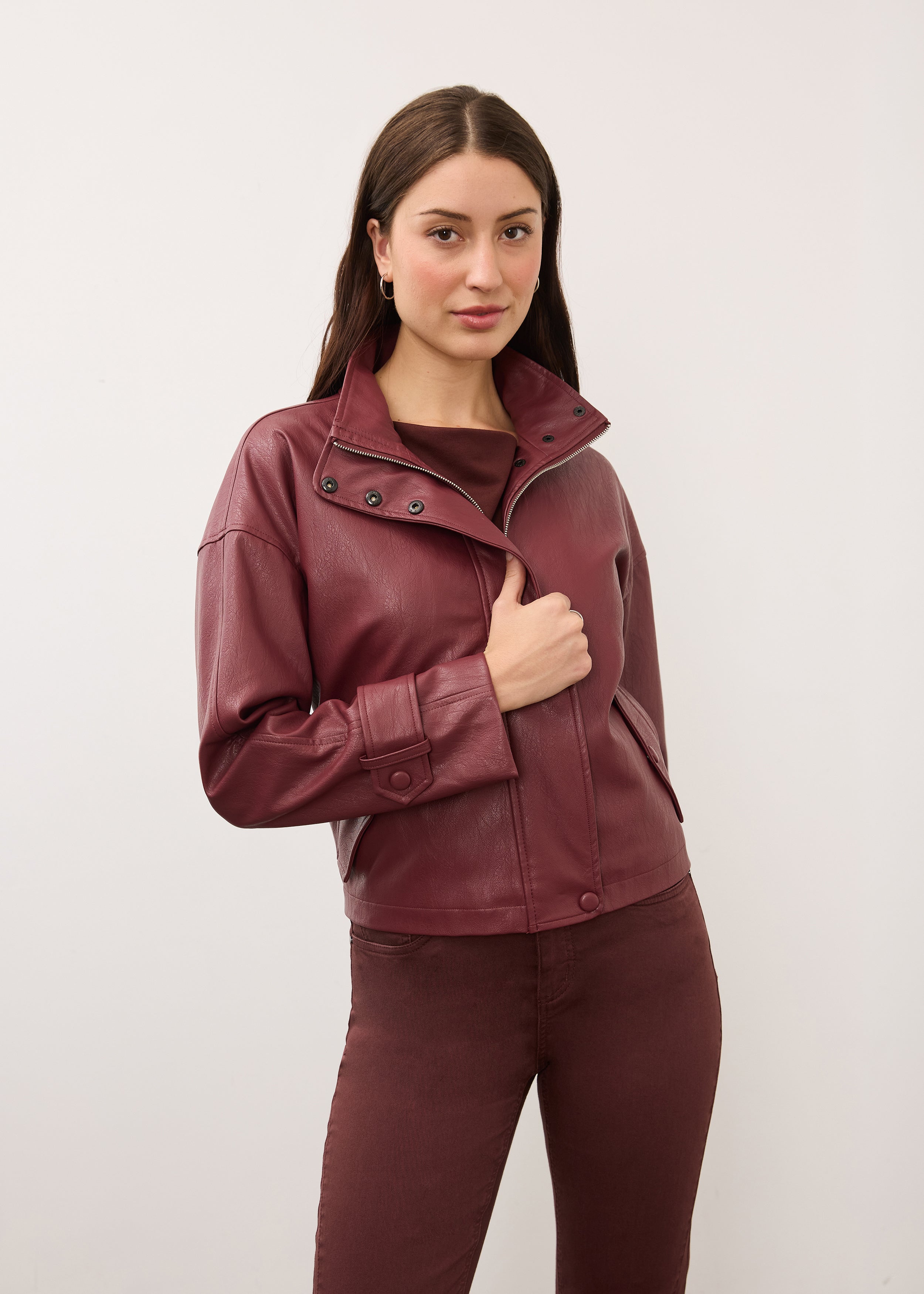 Front view of model in burgundy Olivia denim and jacket ensemble by French Dressing Jeans (FDJ)
