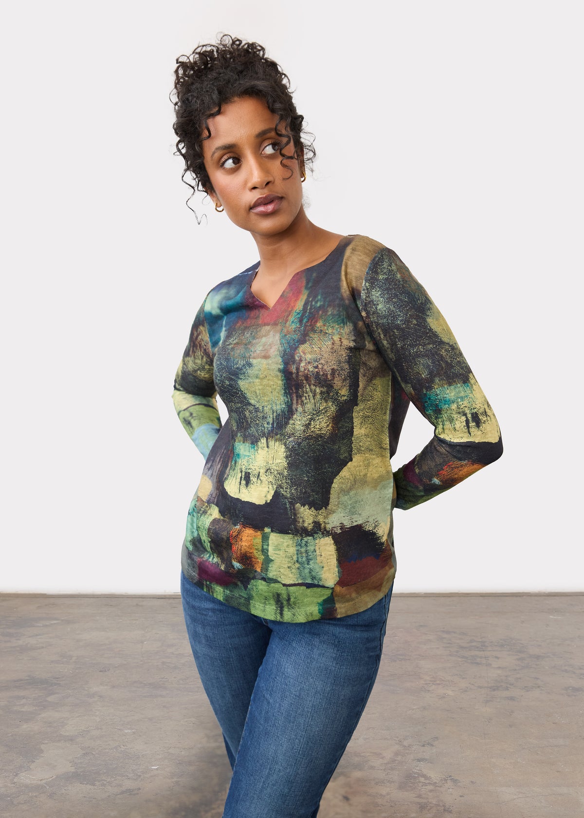 Front view of multicolor abstract print top with long sleeves and V-neck by French Dressing Jeans (FDJ)