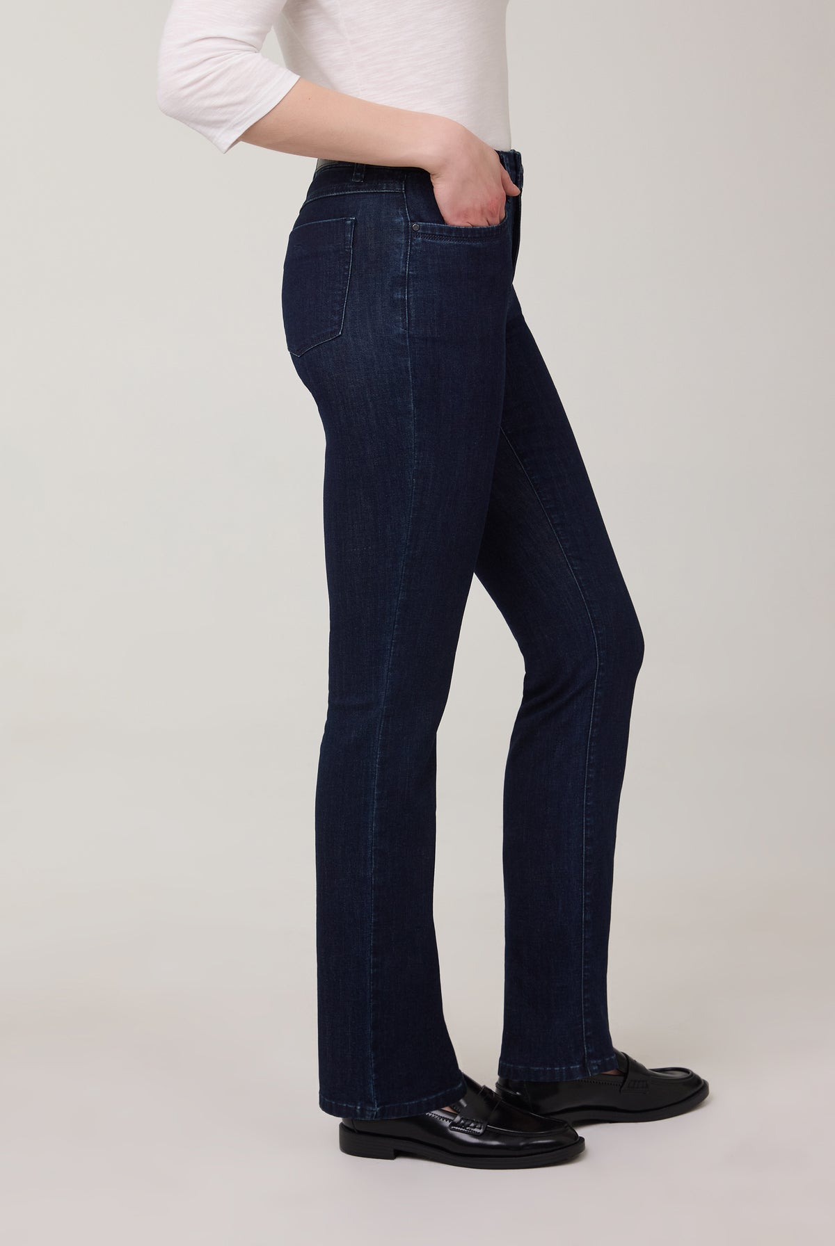 Side view of flared leg jeans in Delight color showcasing leg shape by French Dressing Jeans (FDJ)