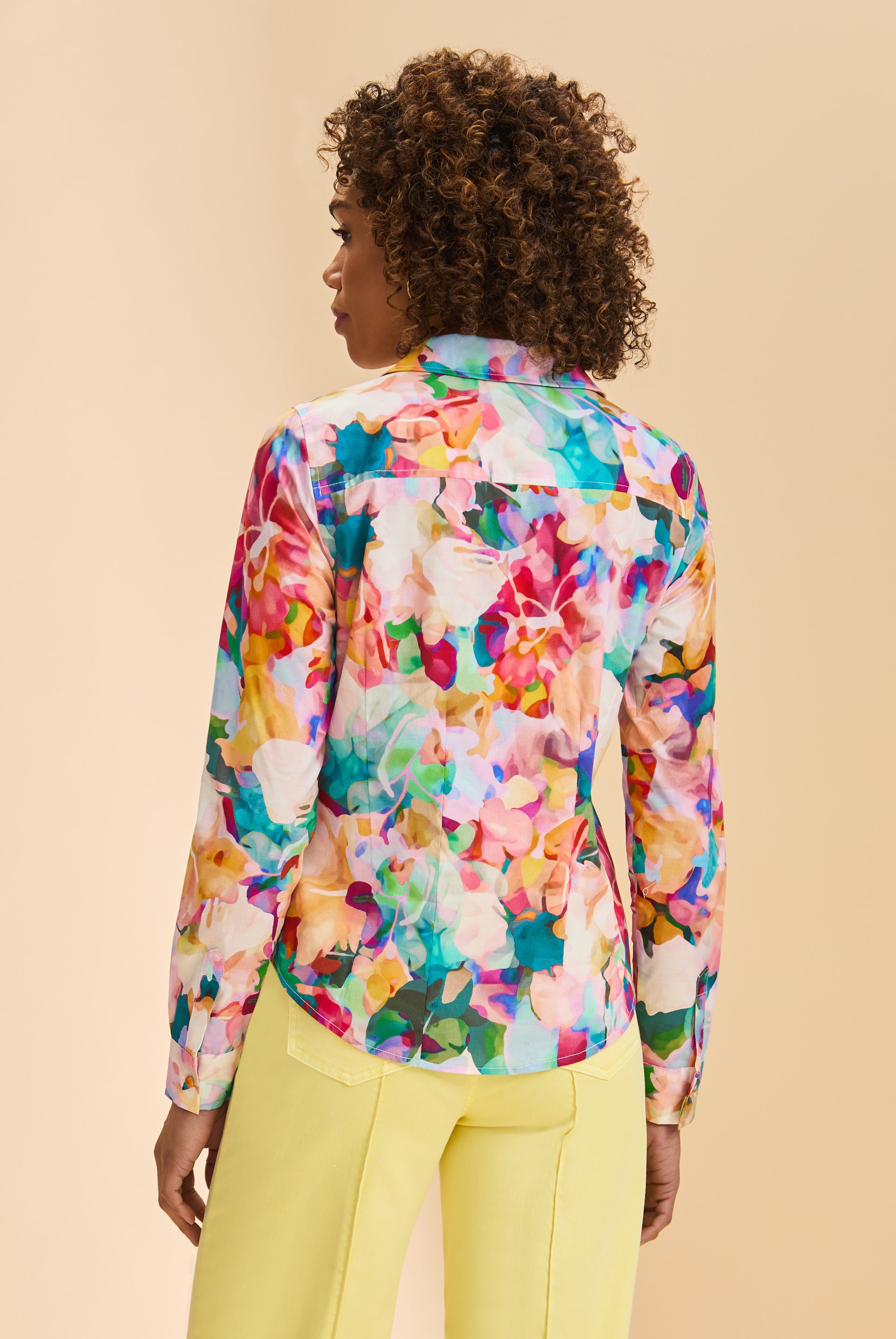 Back view of floral split neck shirt showcasing colorful pattern by French Dressing Jeans (FDJ)