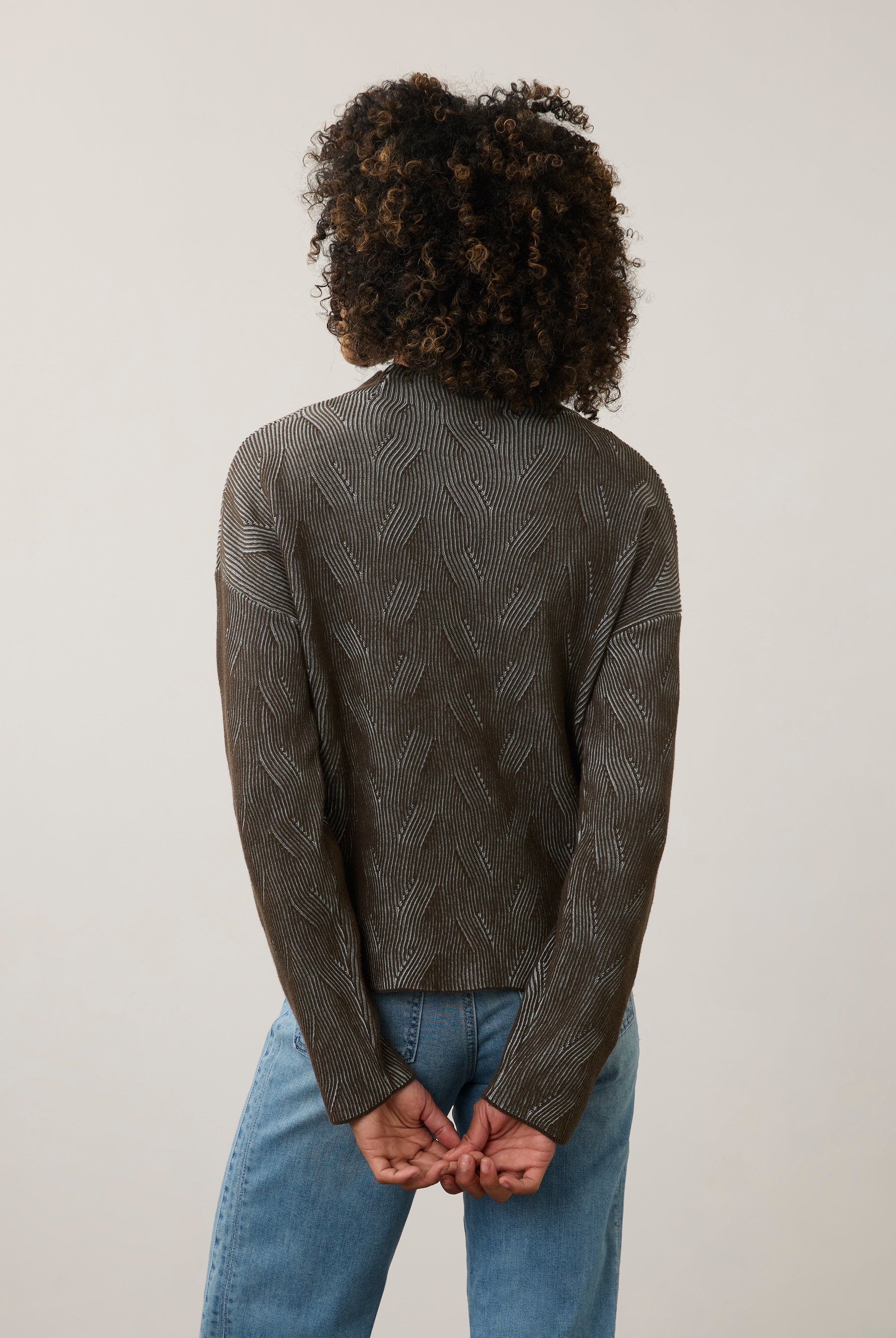 Back view of brown textured top showing seamless design by French Dressing Jeans (FDJ)