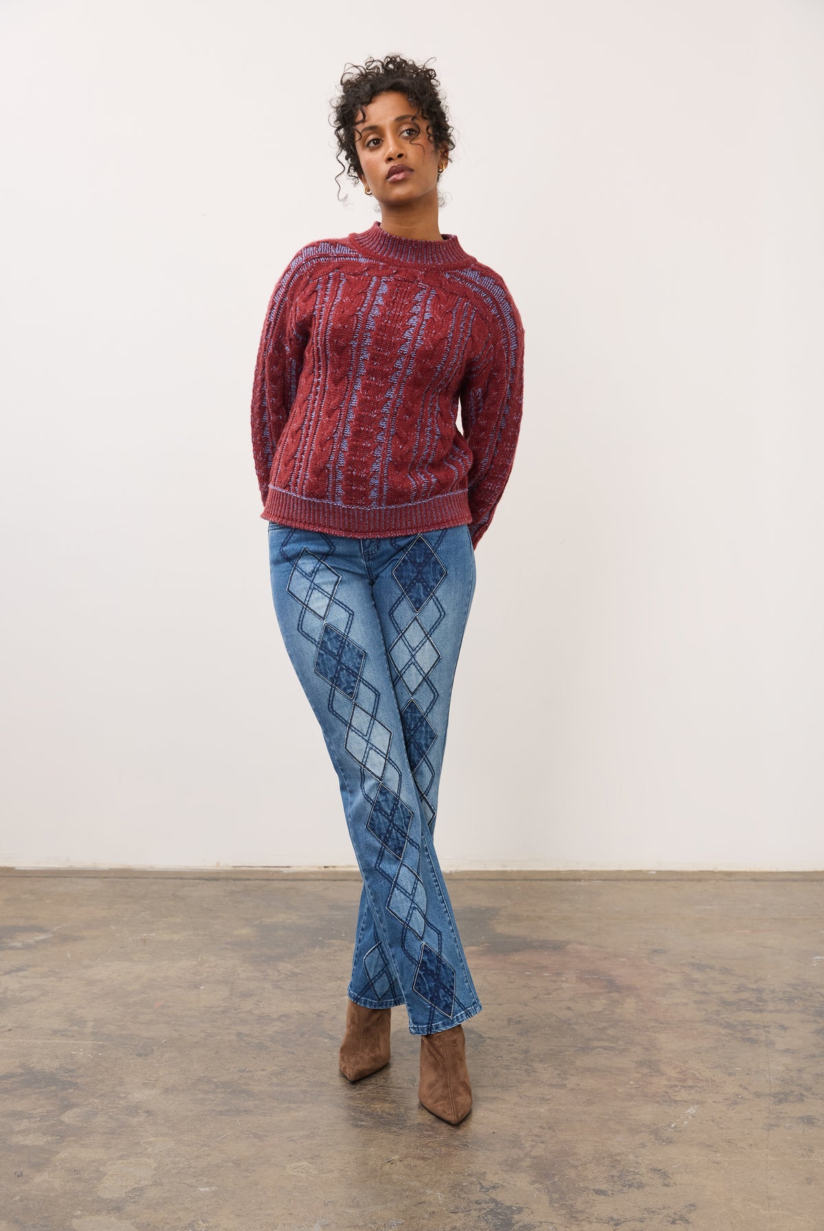 Full view of indigo jeans with diamond patterns and straight leg fit by French Dressing Jeans (FDJ)