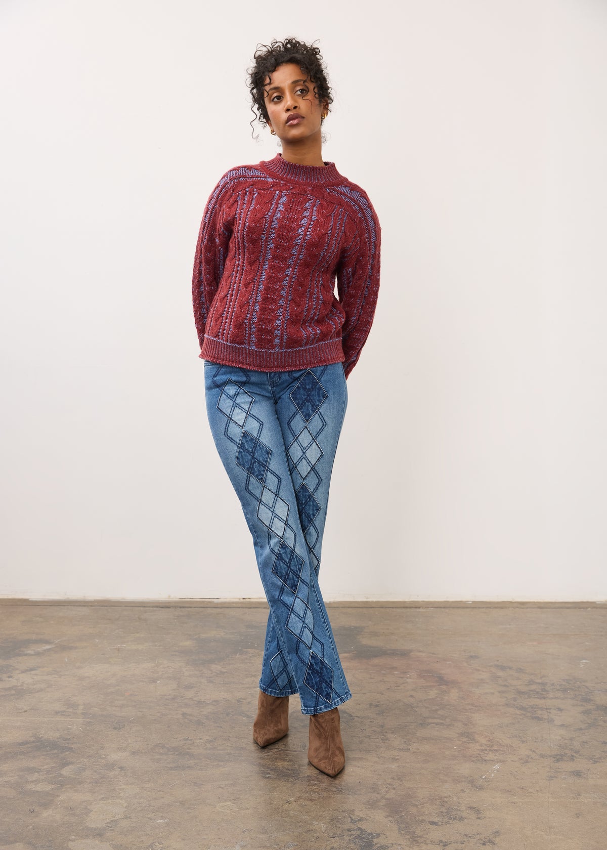 Full view of indigo jeans with diamond patterns and straight leg fit by French Dressing Jeans (FDJ)