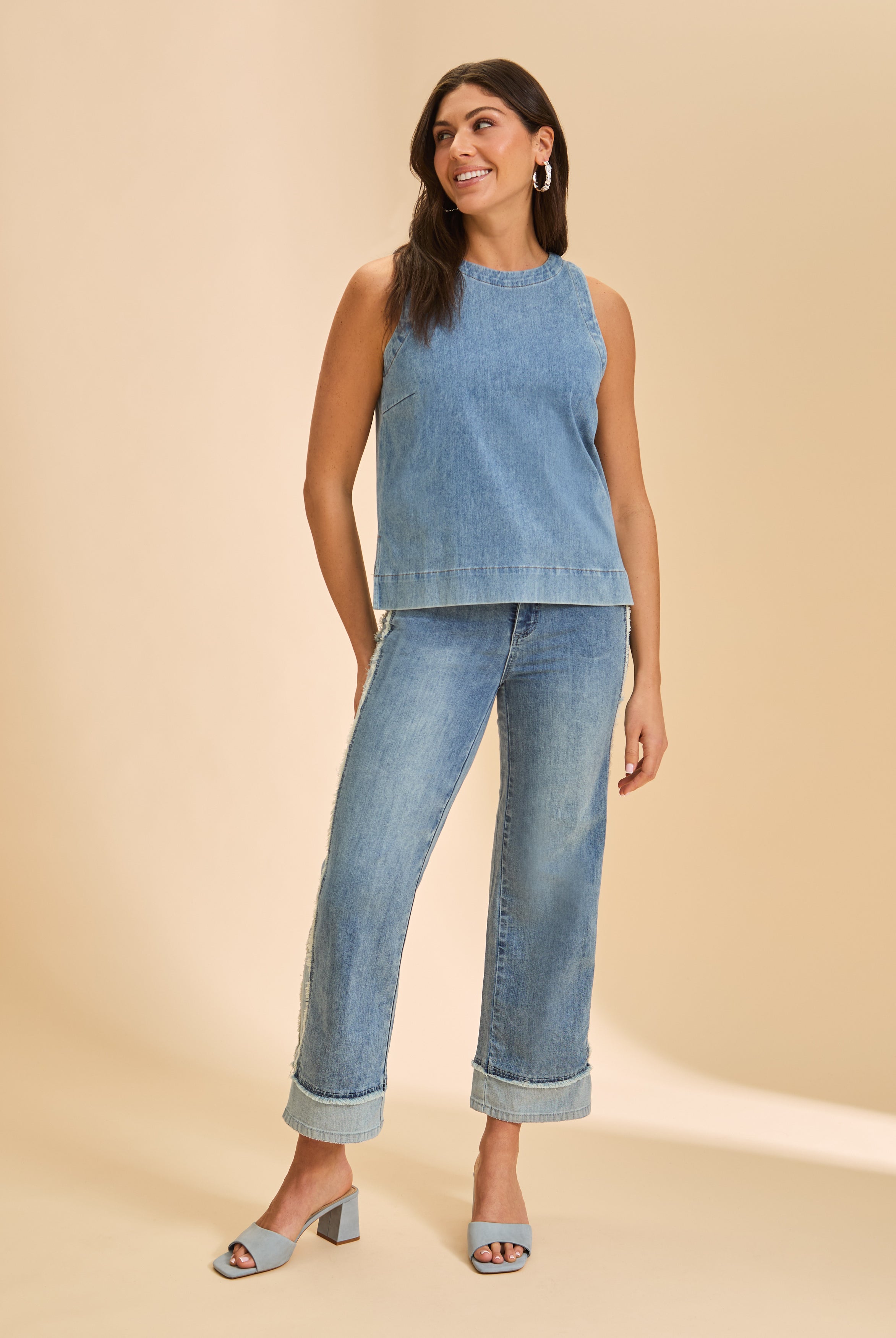Front view of Olivia wide ankle denim in light wash with mid-rise fit and front welt pockets by French Dressing Jeans (FDJ)