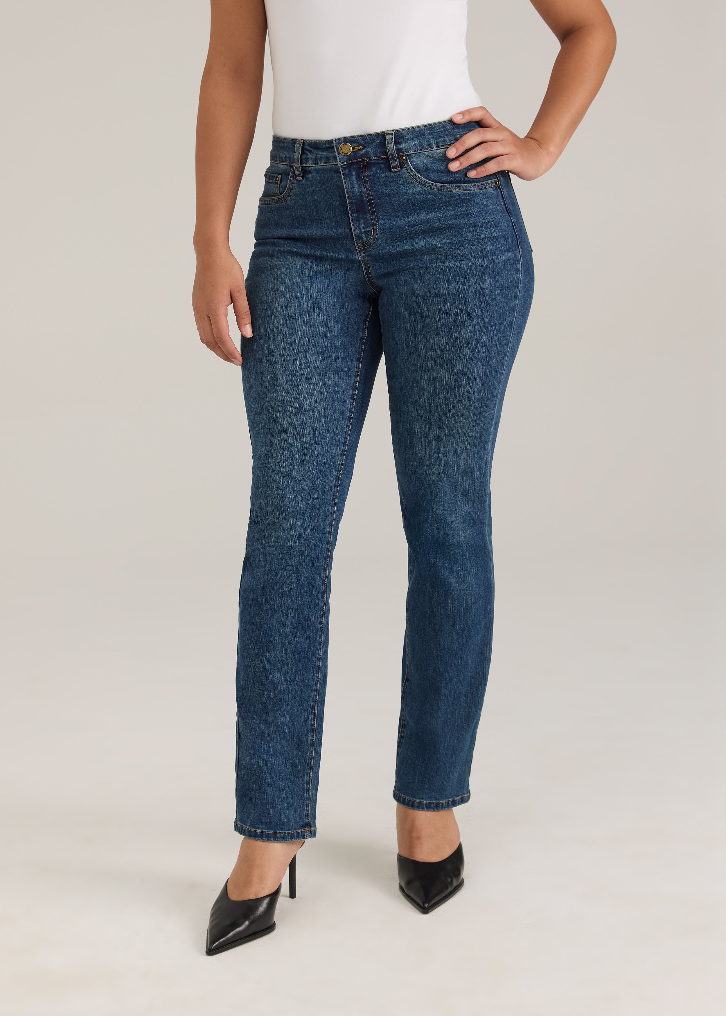 Front view of Olivia straight leg denim in dark wash showing mid-rise waist and slim fit by French Dressing Jeans (FDJ)