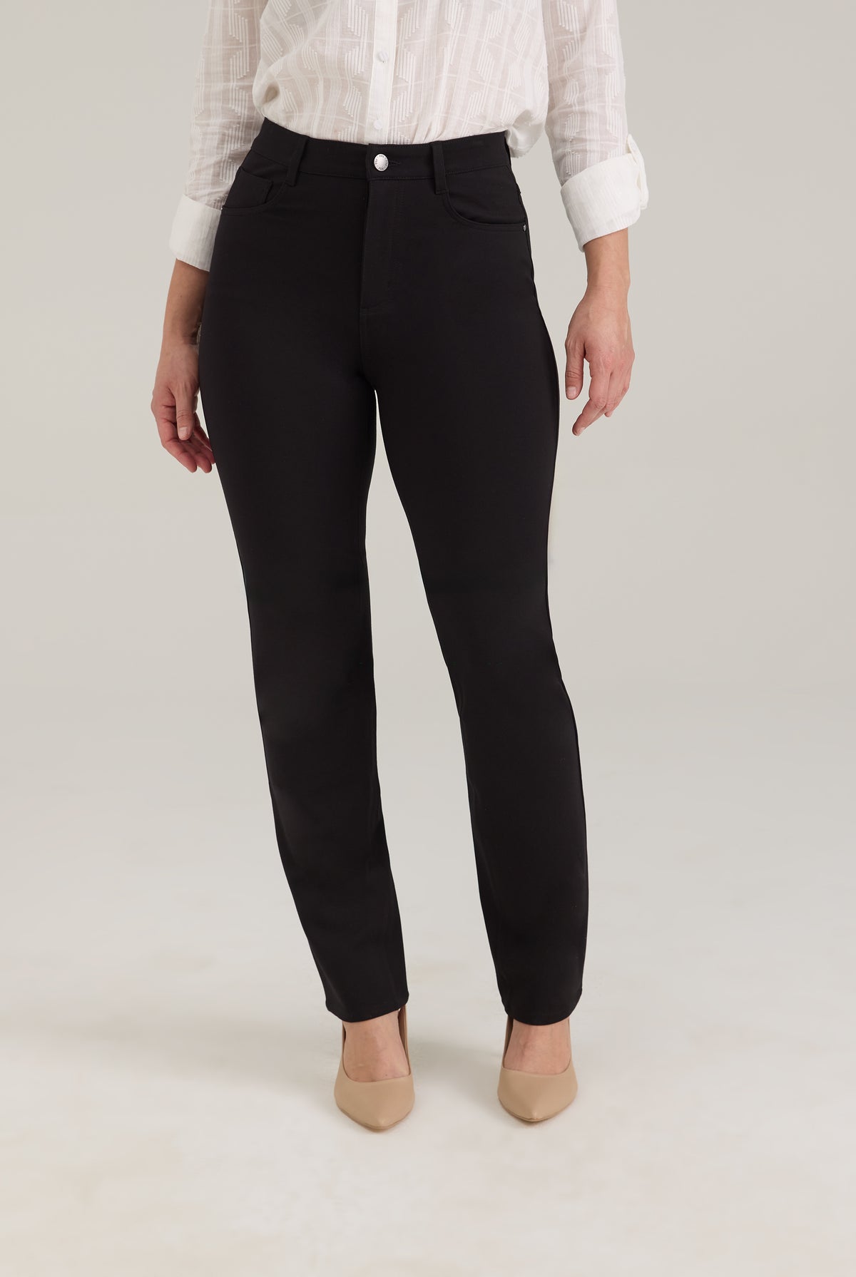 Front view of black pants with button closure and front pockets by French Dressing Jeans (FDJ)