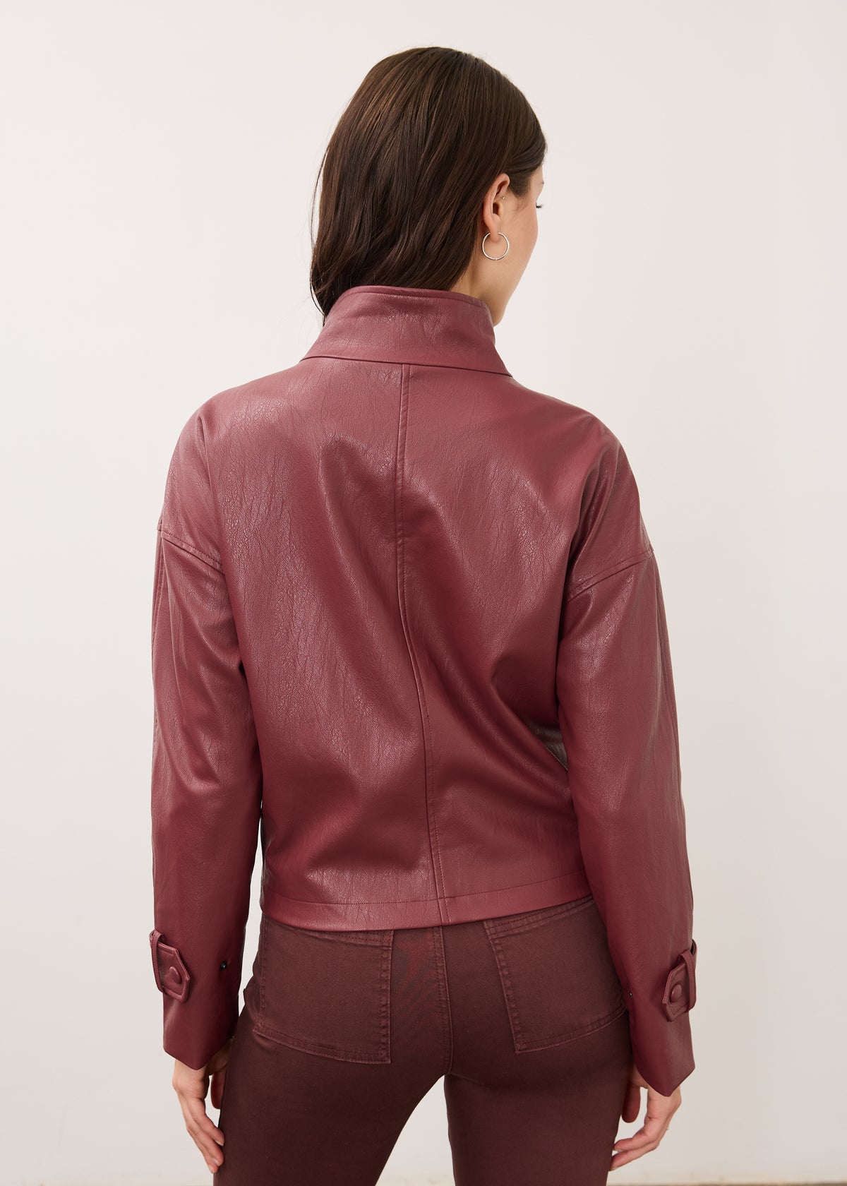 Back view of burgundy Olivia jacket showing sleek design and hemline by French Dressing Jeans (FDJ)