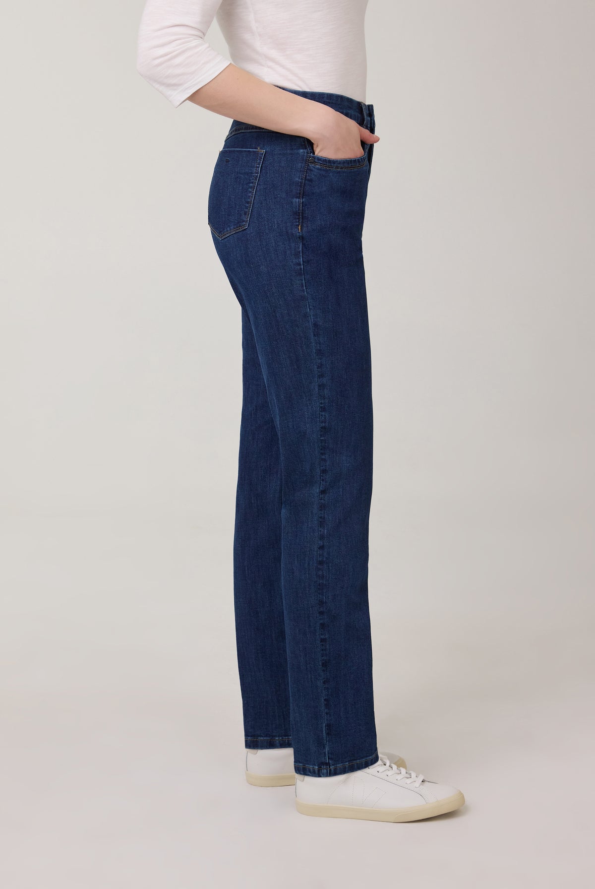 Side profile of straight leg jeans showing slim silhouette and Delight color by French Dressing Jeans (FDJ)