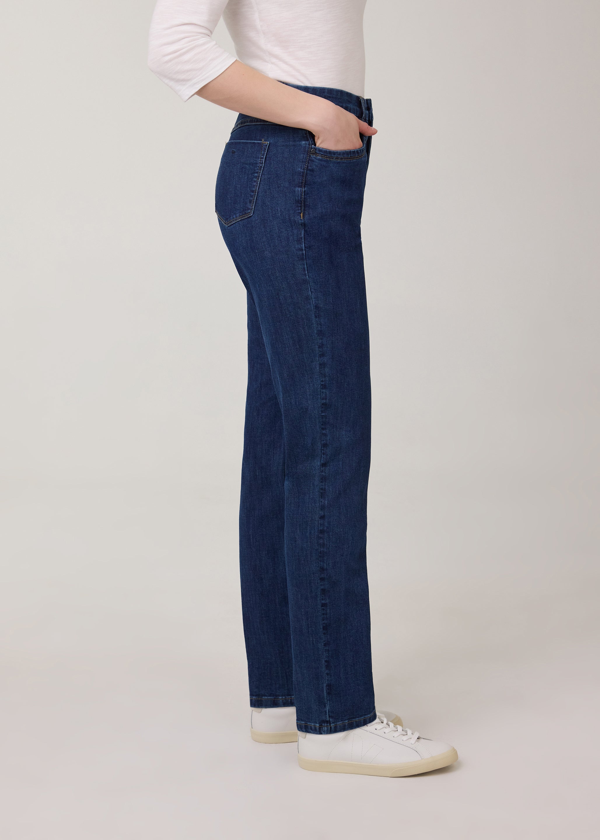 Side profile of straight leg jeans showing slim silhouette and Delight color by French Dressing Jeans (FDJ)