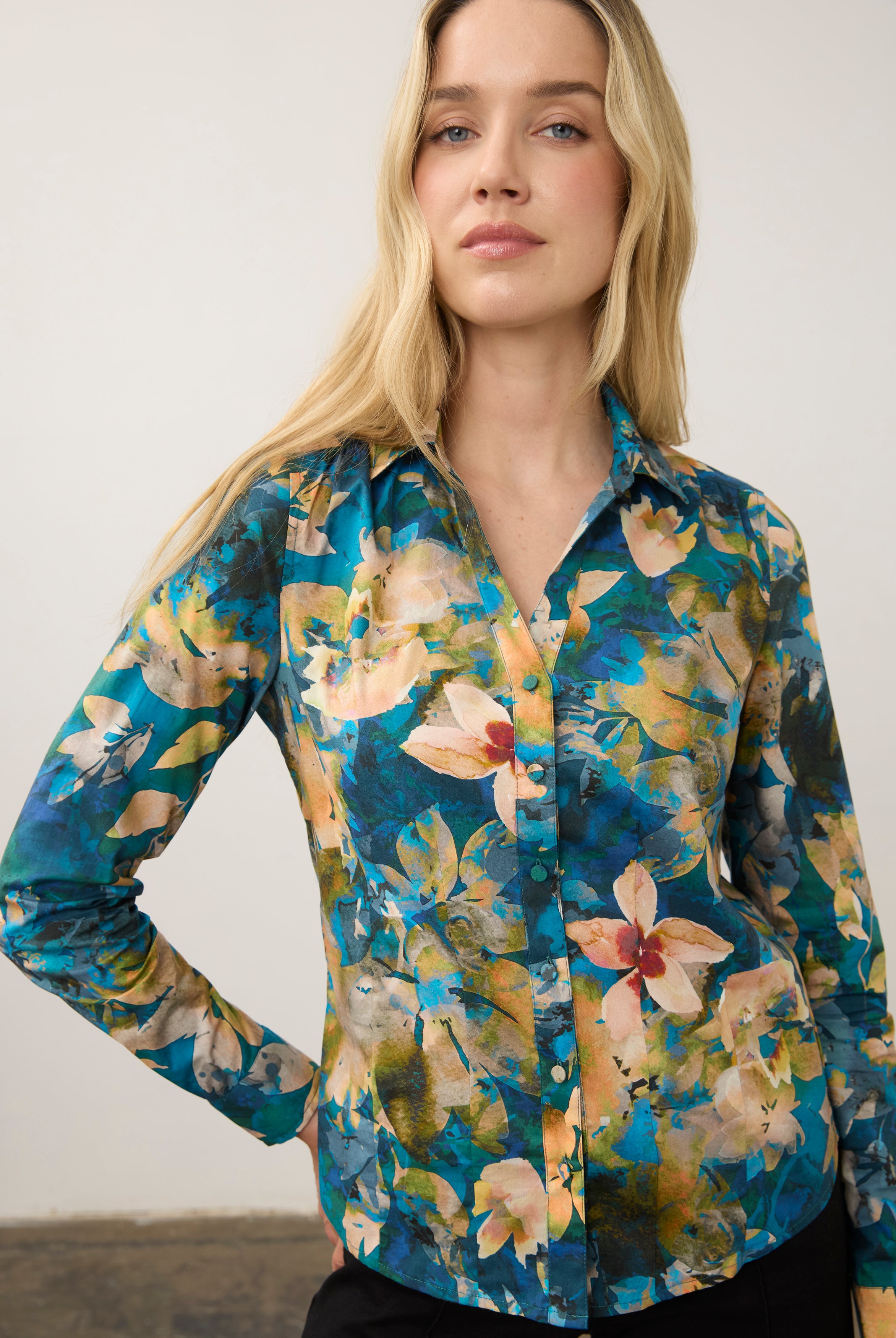 Close-up of blue floral shirt focusing on vivid colors by French Dressing Jeans (FDJ)