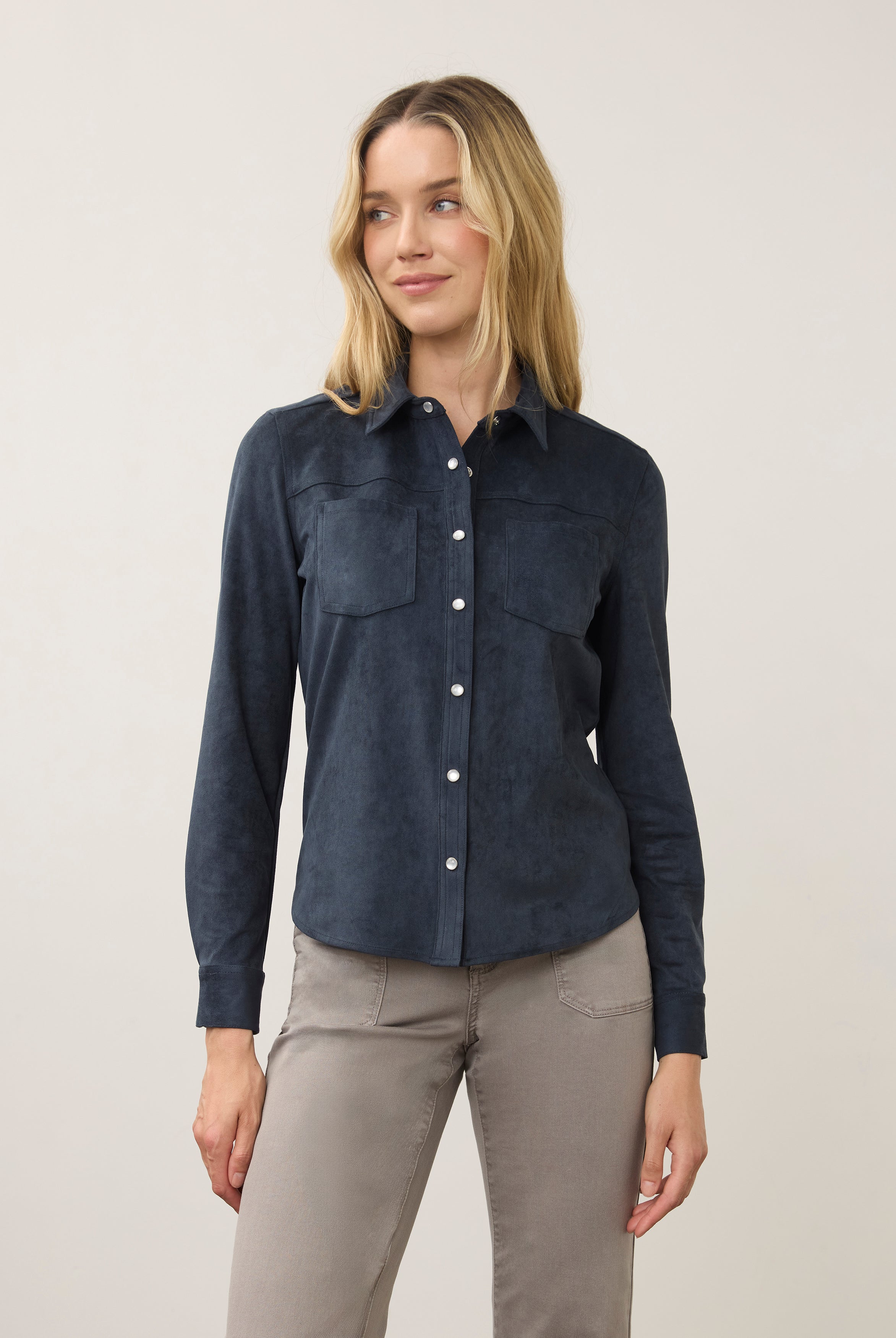 Front view of navy suede shirt with button front and chest pockets by French Dressing Jeans (FDJ)