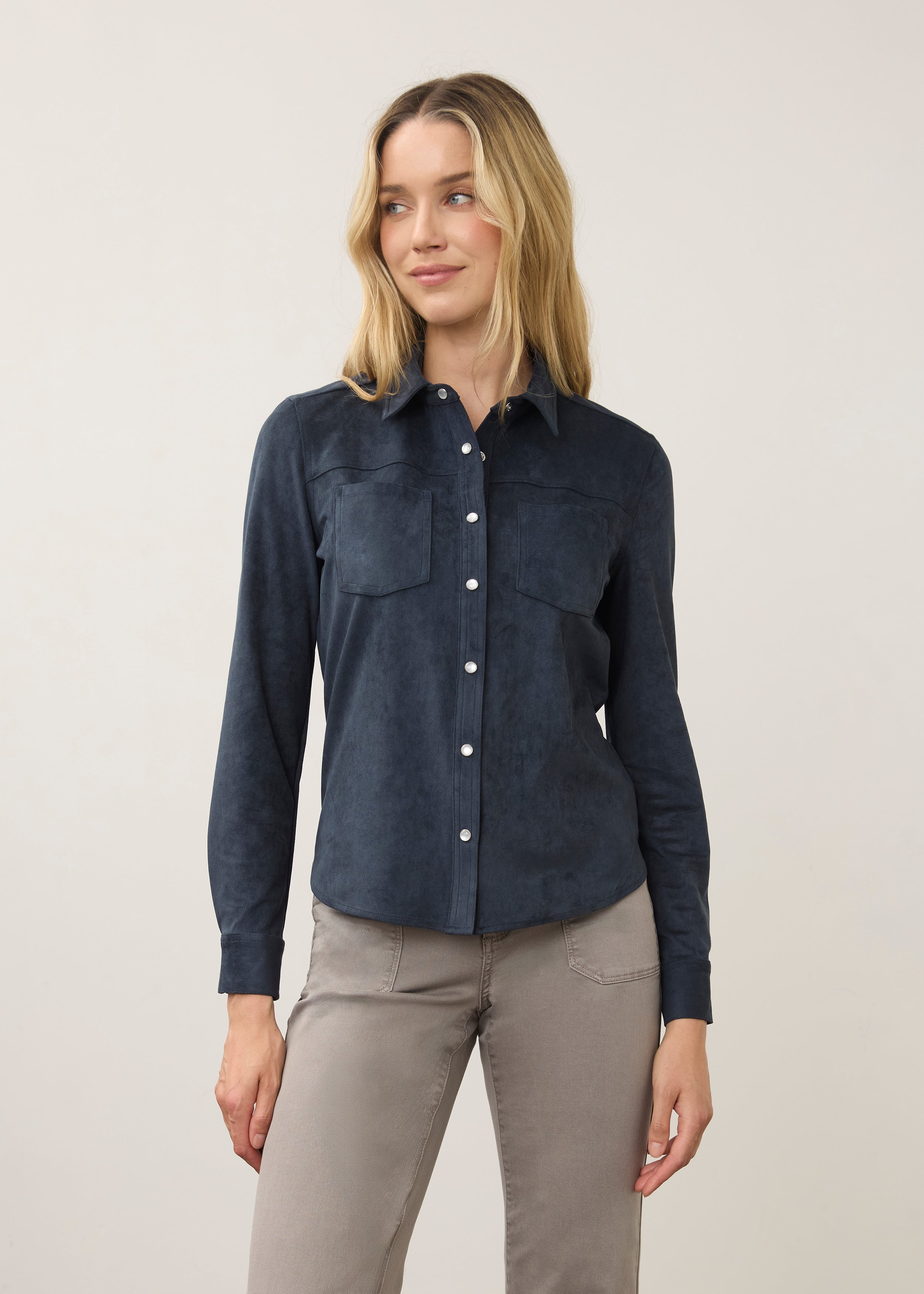 Front view of navy suede shirt with button front and chest pockets by French Dressing Jeans (FDJ)