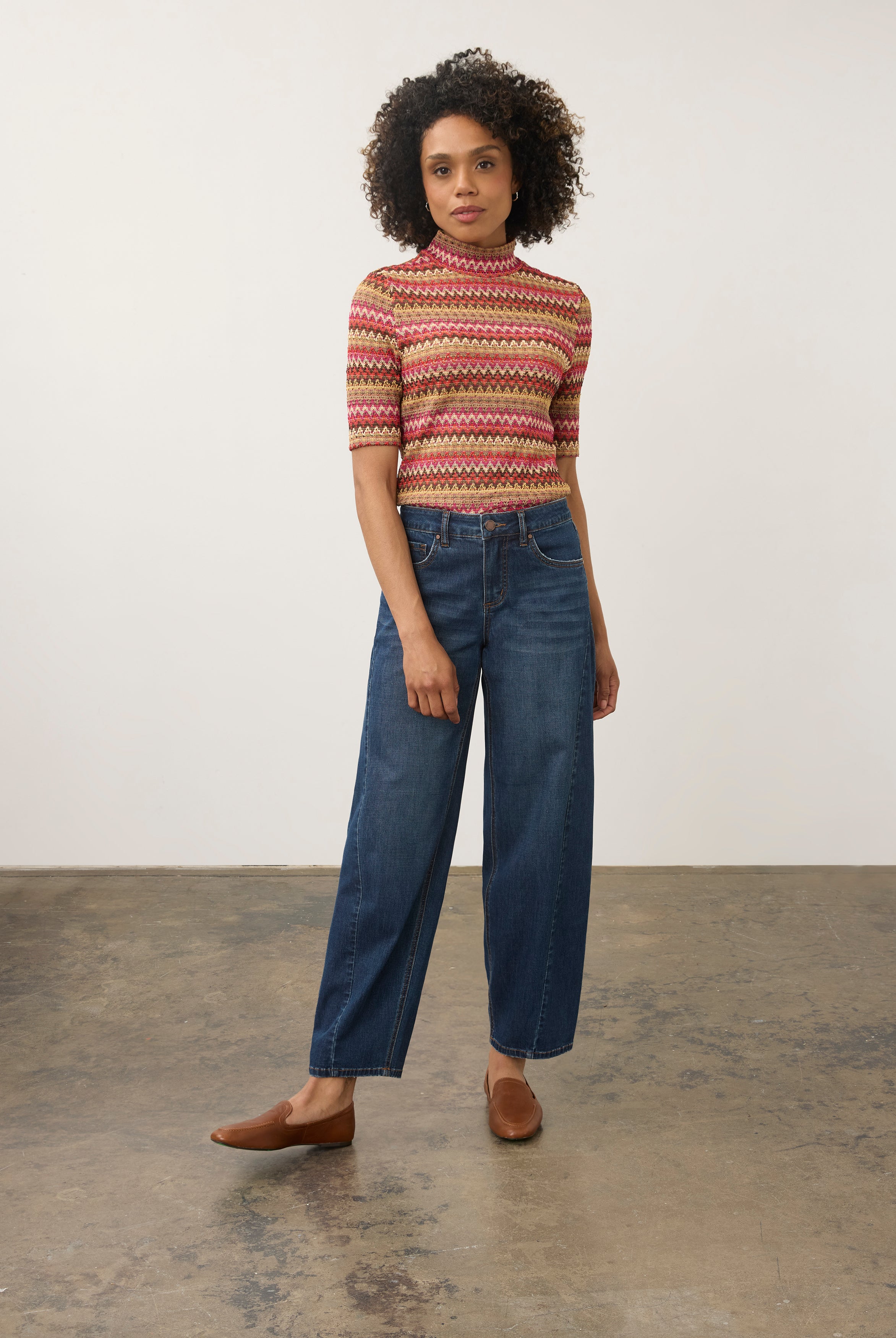 Full body view of dark wash jeans with knit top, emphasizing straight leg design by French Dressing Jeans (FDJ) par French Dressing Jeans (FDJ)