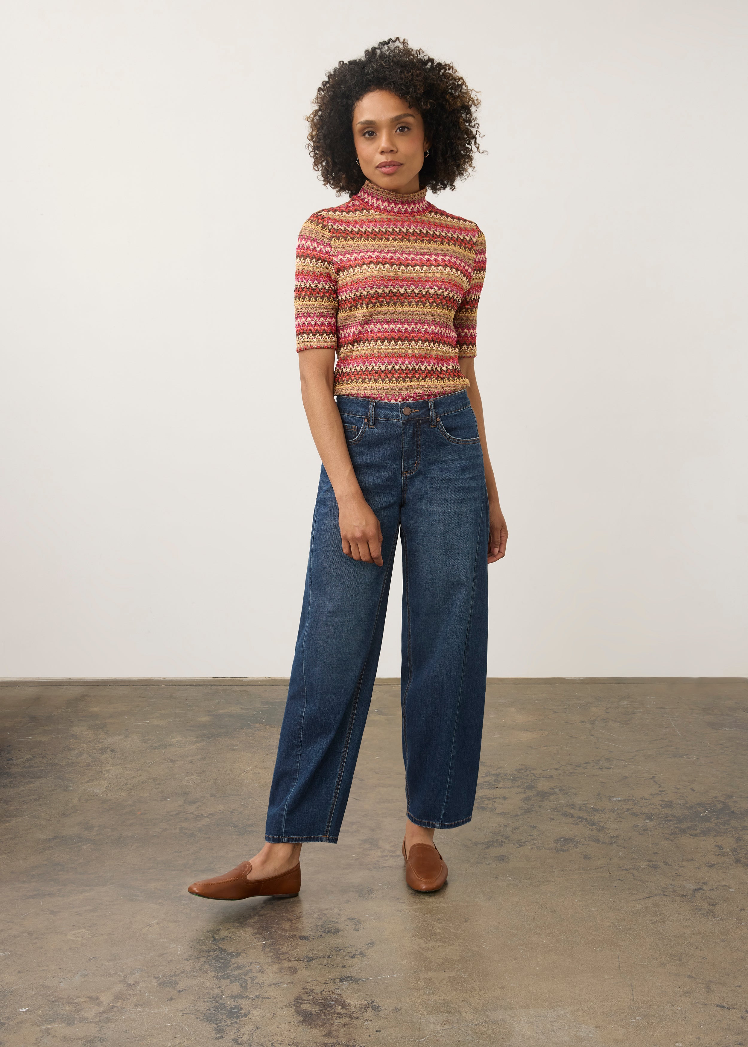 Full body view of dark wash jeans with knit top, emphasizing straight leg design by French Dressing Jeans (FDJ) par French Dressing Jeans (FDJ)