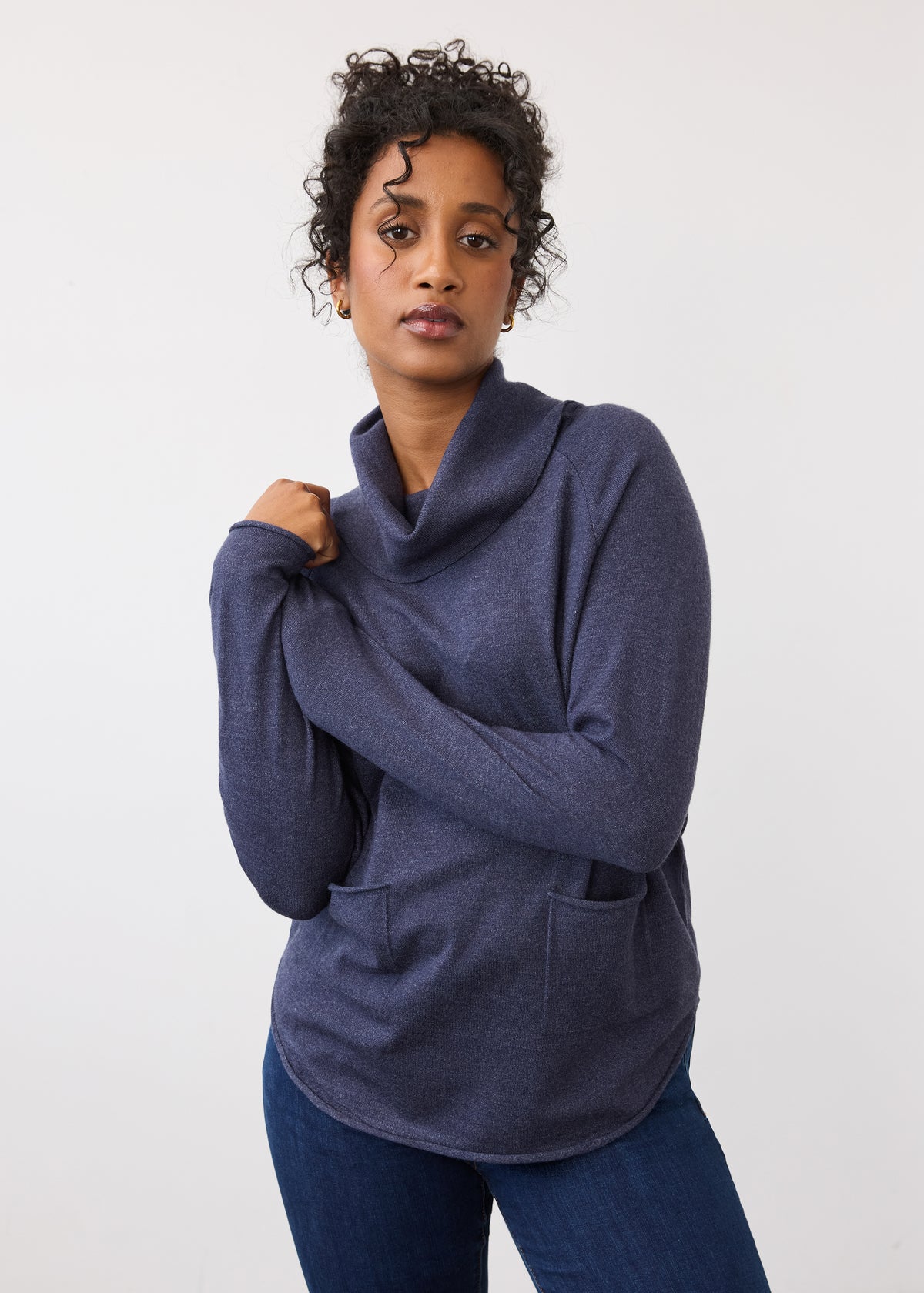 Front view of navy cowl neck sweater with pocket details by French Dressing Jeans (FDJ)