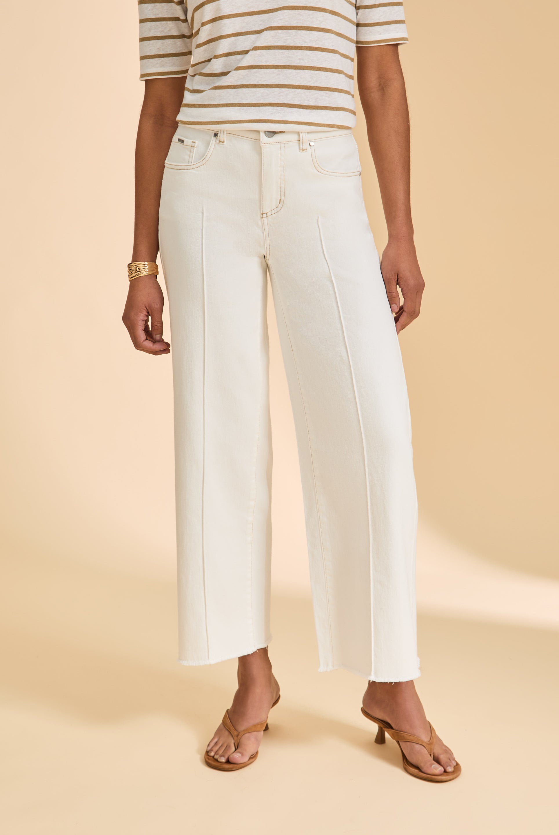 Close-up front view of ivory denim emphasizing seam detail and straight leg by French Dressing Jeans (FDJ)