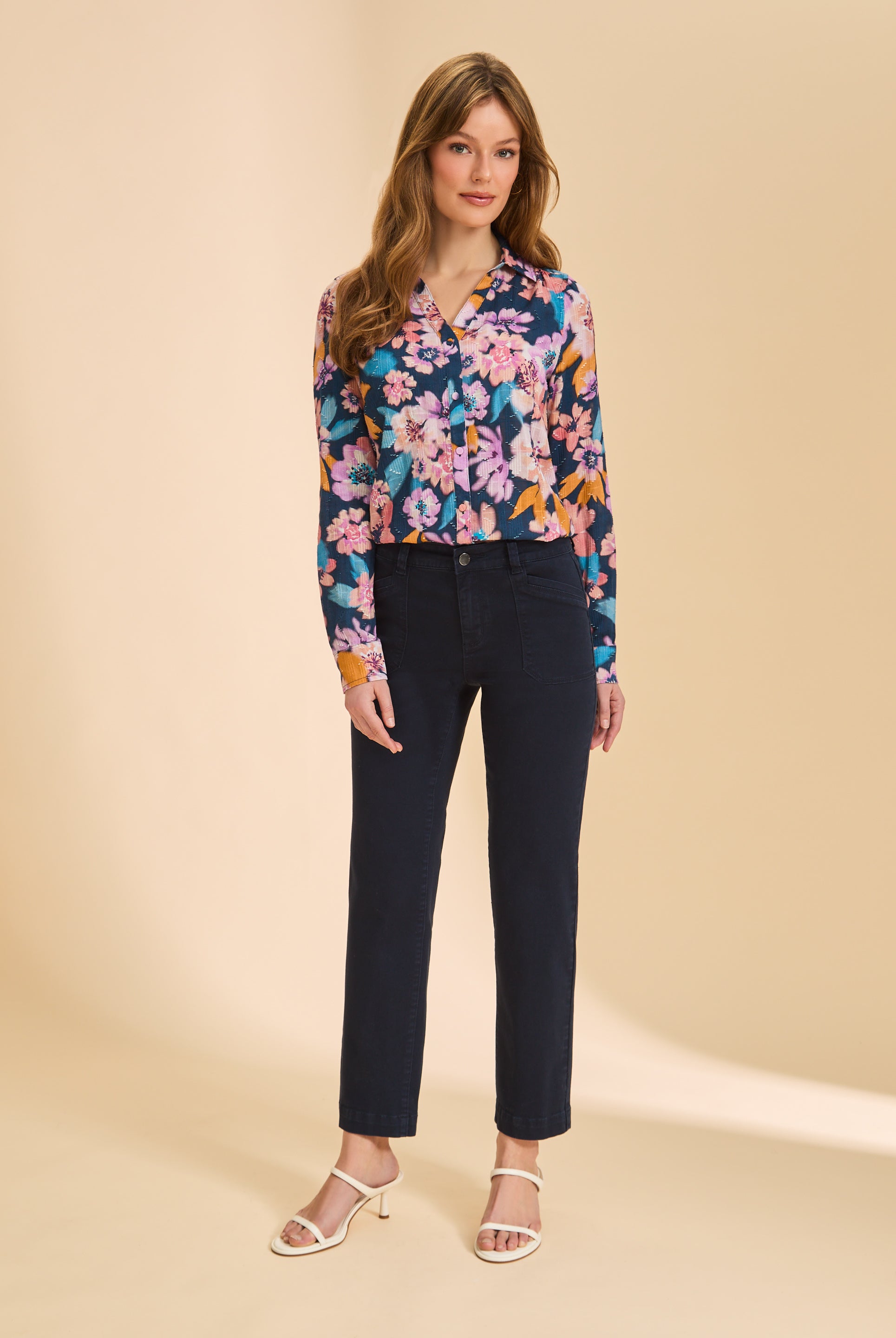 Full view of navy floral shirt paired with dark denim jeans by French Dressing Jeans (FDJ)