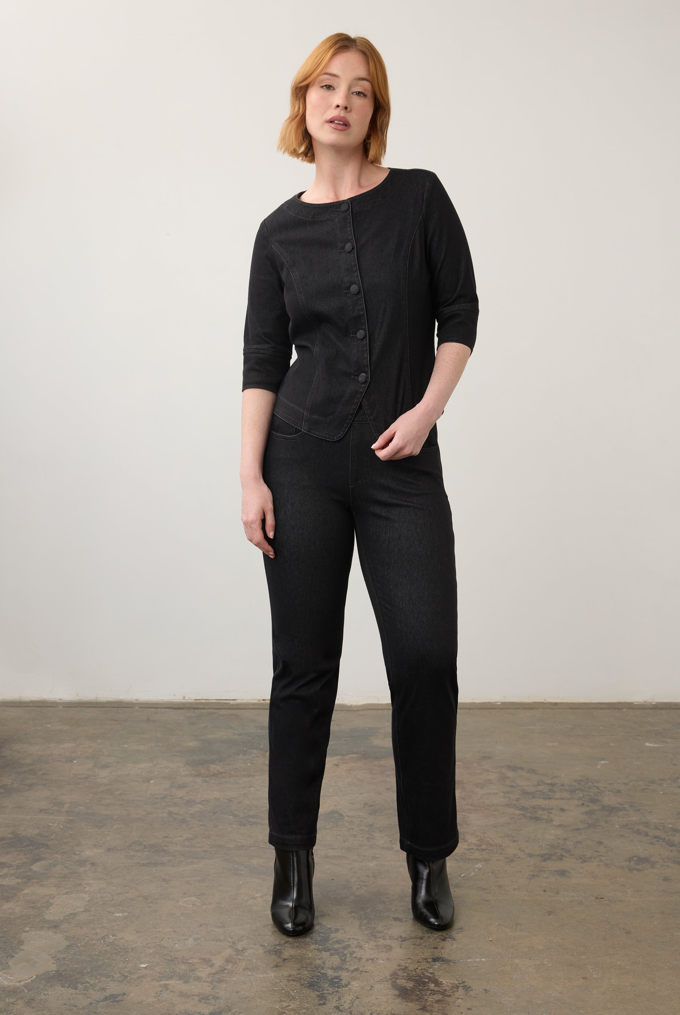 Full outfit view of black straight-leg jeans paired with matching button-up top by French Dressing Jeans (FDJ)