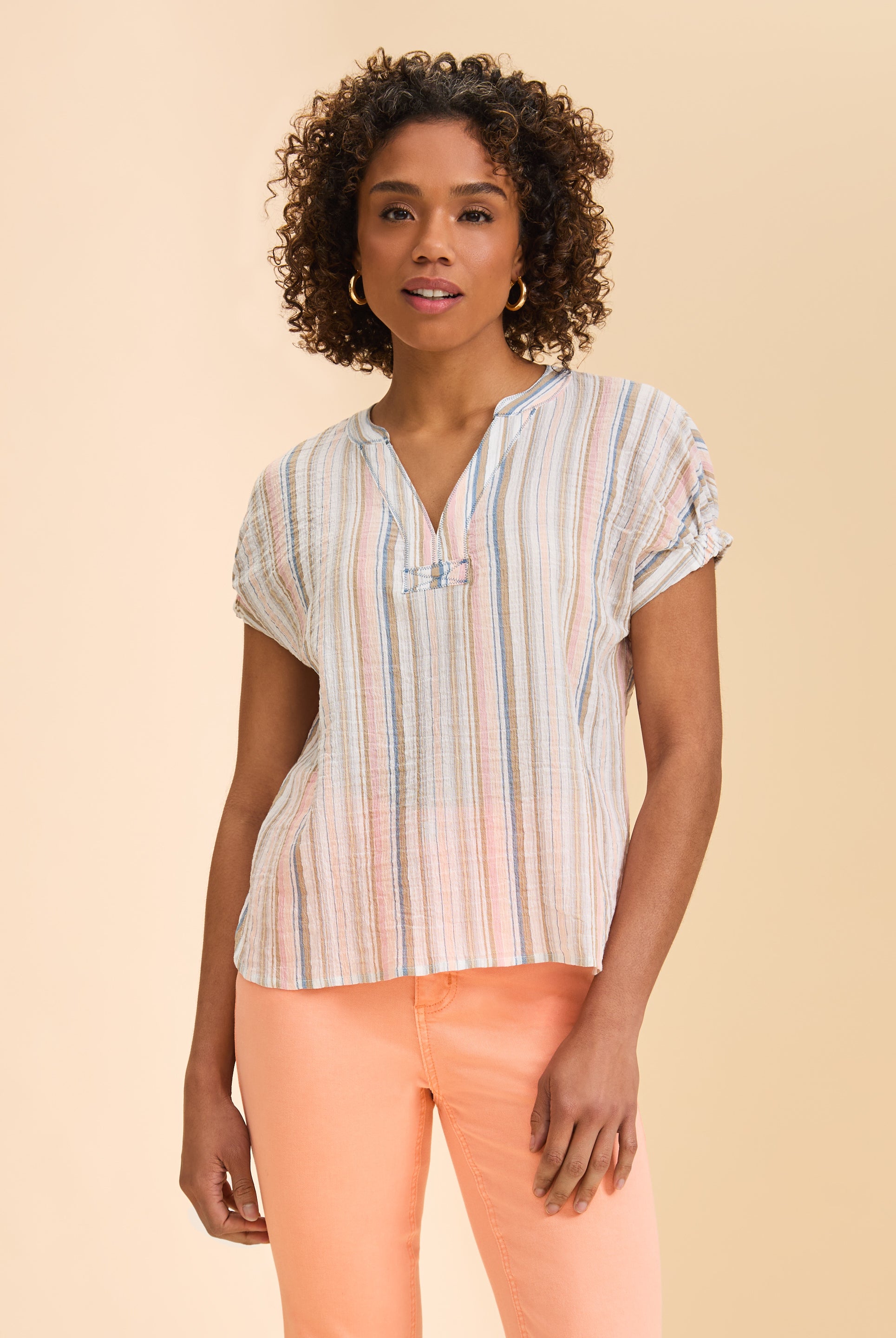 Front view of short sleeve striped blouse in pastel colors with V-neck design by French Dressing Jeans (FDJ)