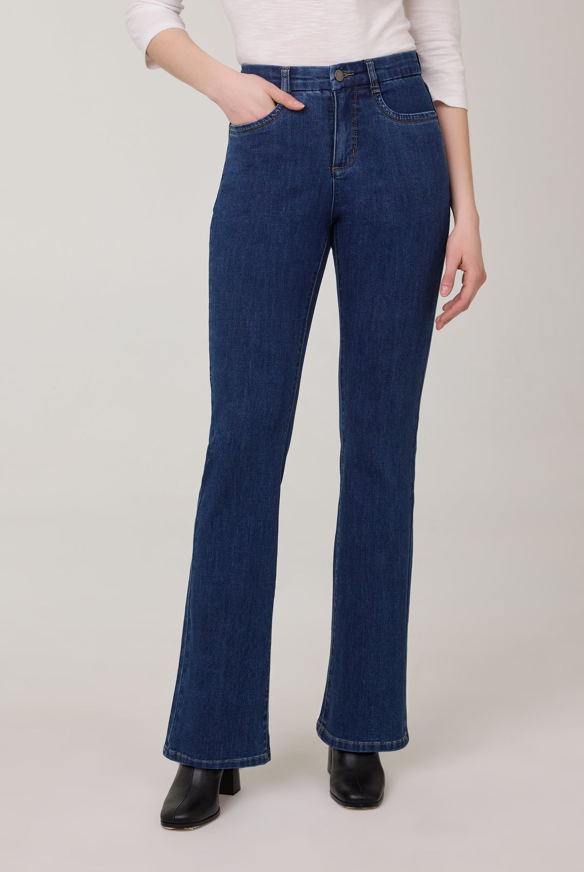 Front view of bootcut denim jeans in dark Delight color by French Dressing Jeans (FDJ)