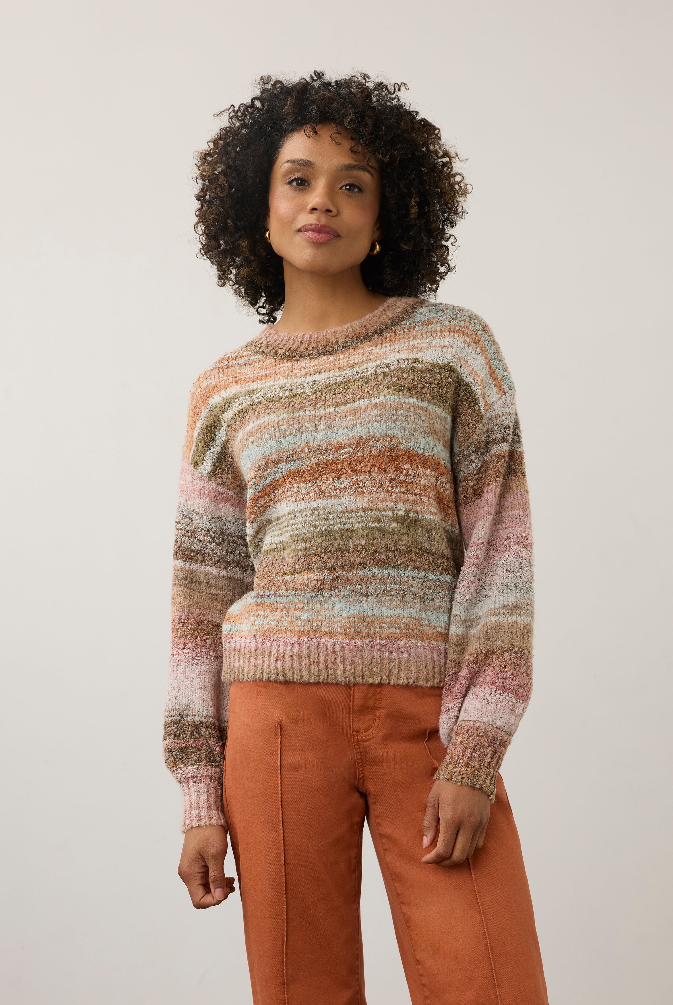 Front view of Boat Neck Boucle Sweater in natural spacedye, highlighting ribbed cuffs by French Dressing Jeans (FDJ)