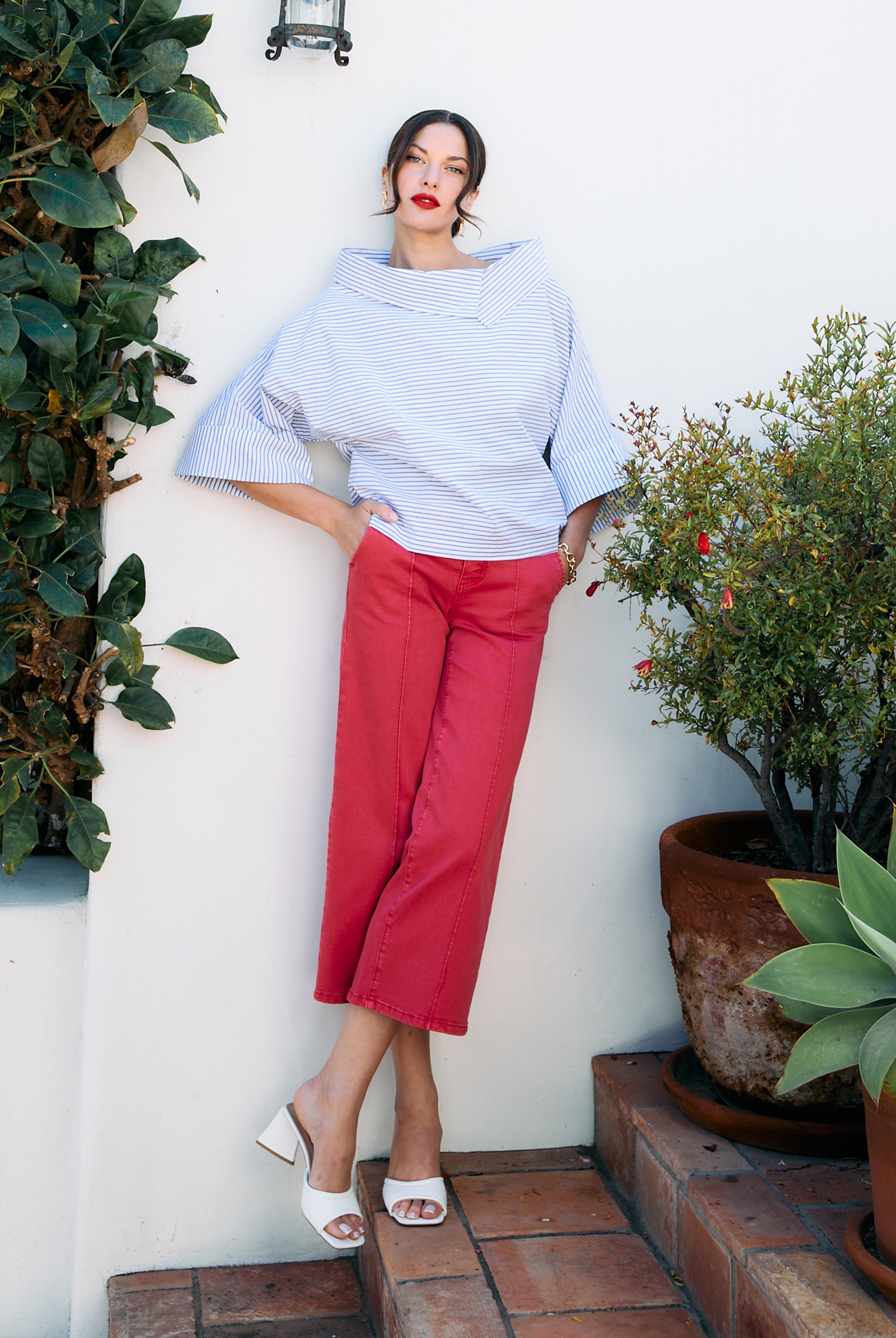 Stripe Poplin Crossover Neck Top