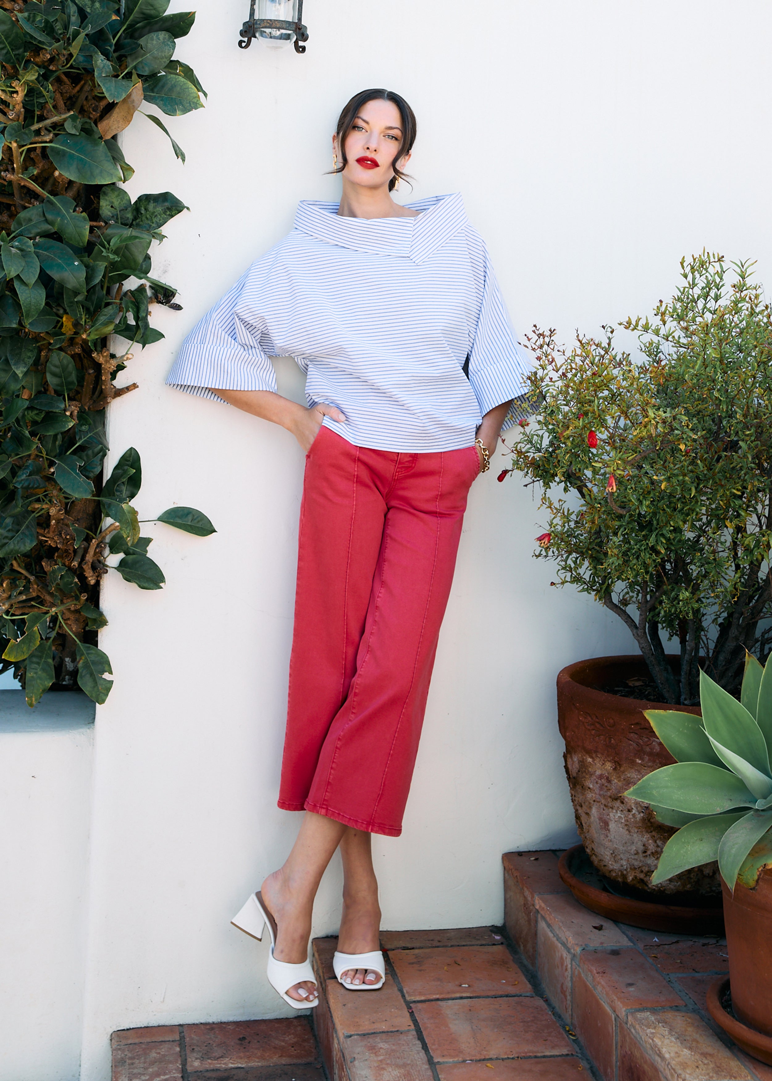 Stripe Poplin Crossover Neck Top