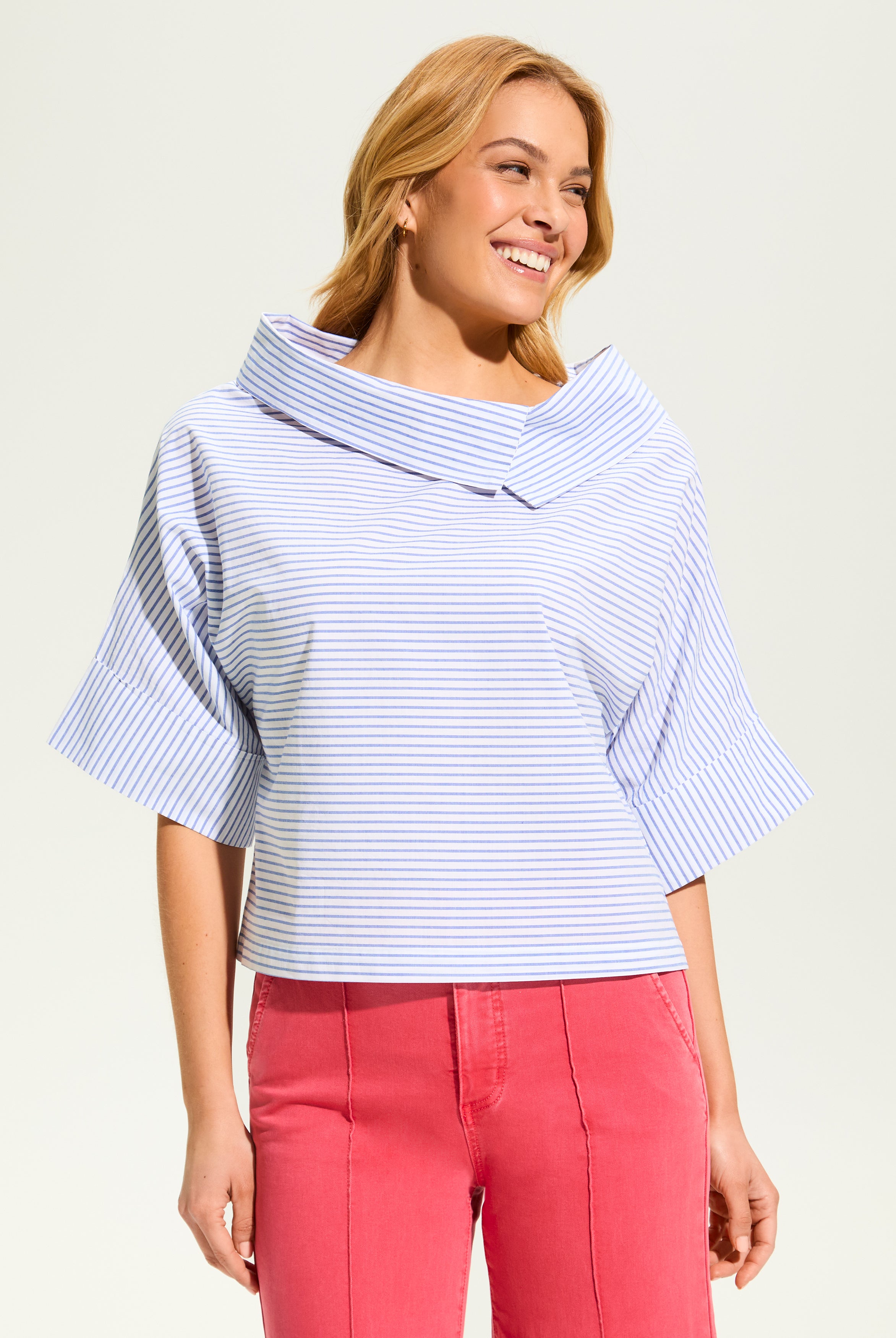 Stripe Poplin Crossover Neck Top
