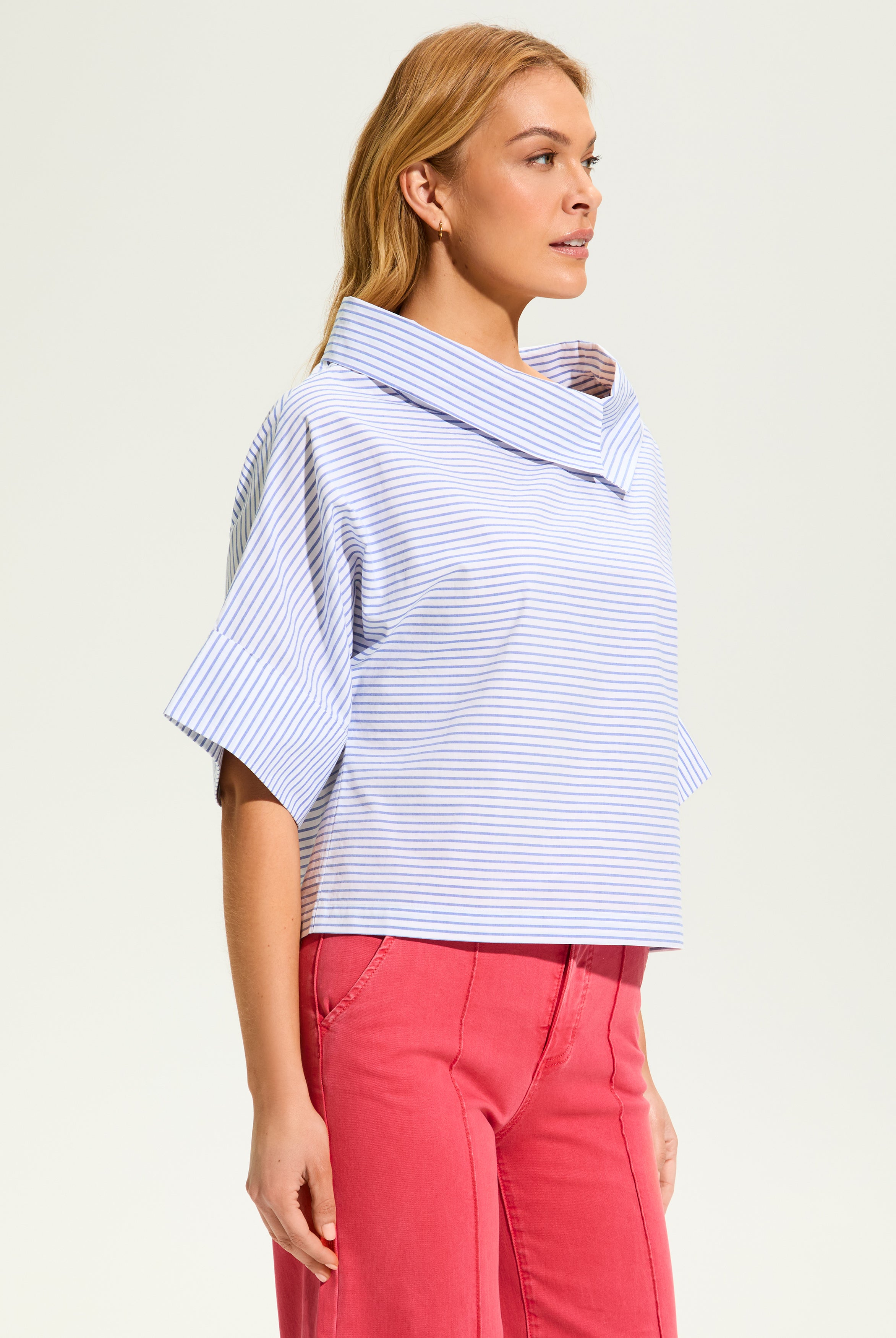 Stripe Poplin Crossover Neck Top