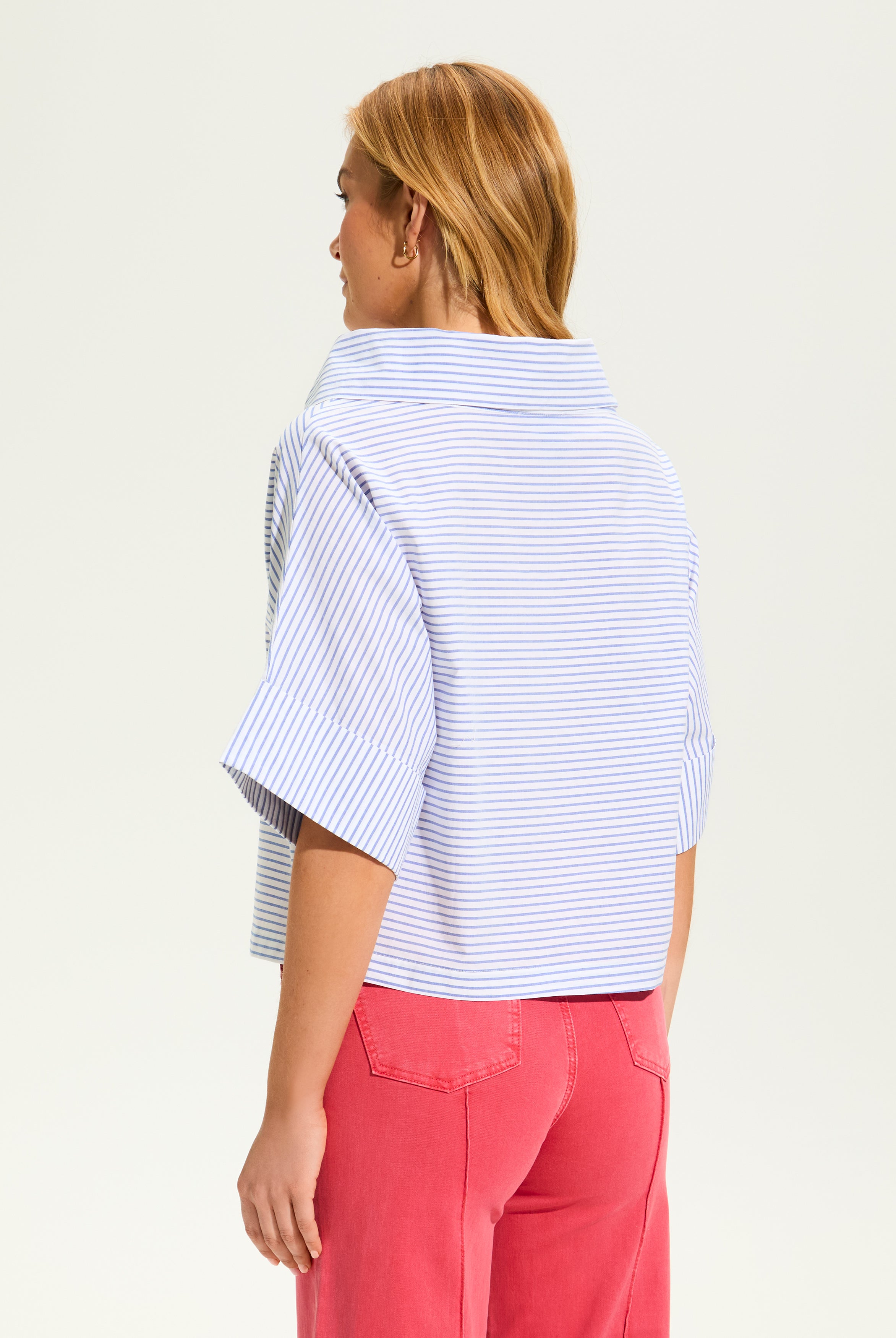 Stripe Poplin Crossover Neck Top