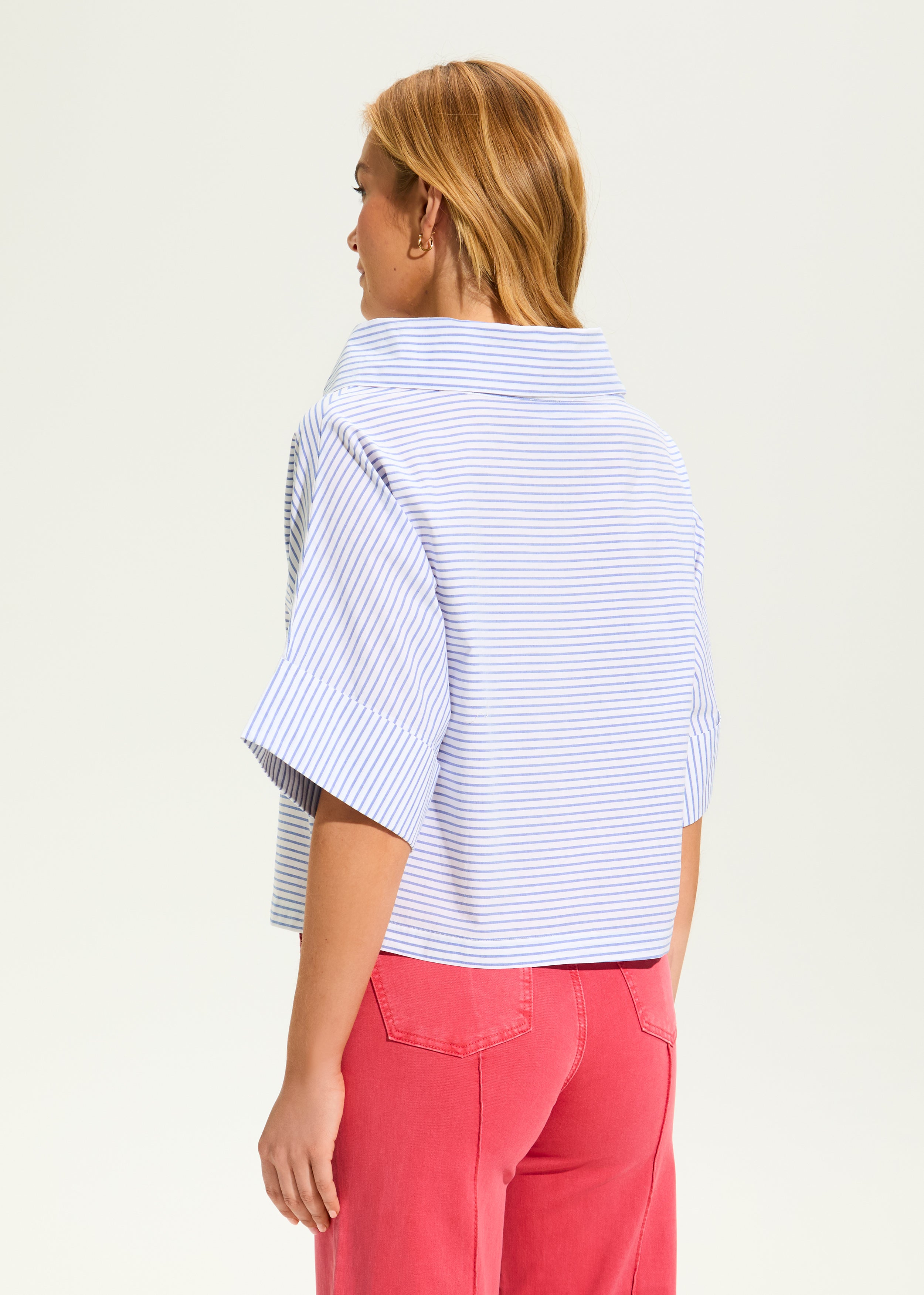 Stripe Poplin Crossover Neck Top