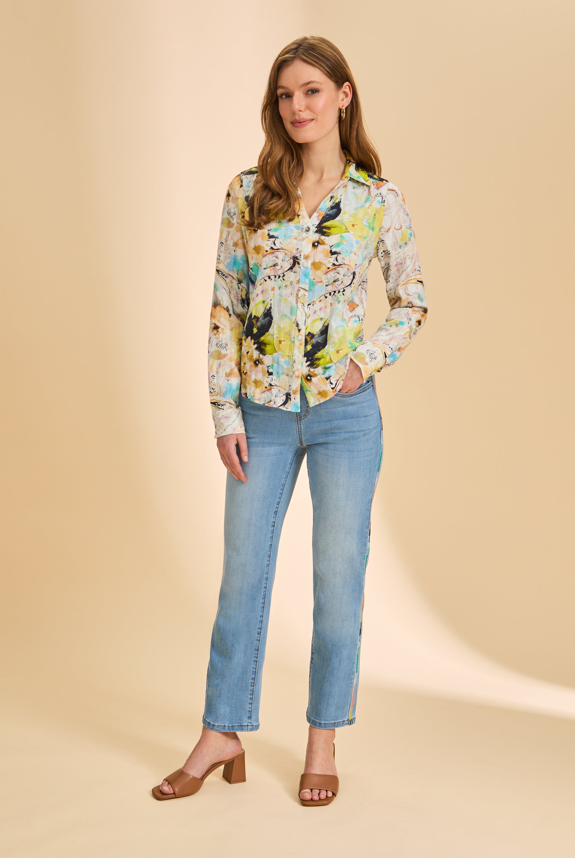Full view of abstract floral shirt styled with light blue jeans by French Dressing Jeans (FDJ)