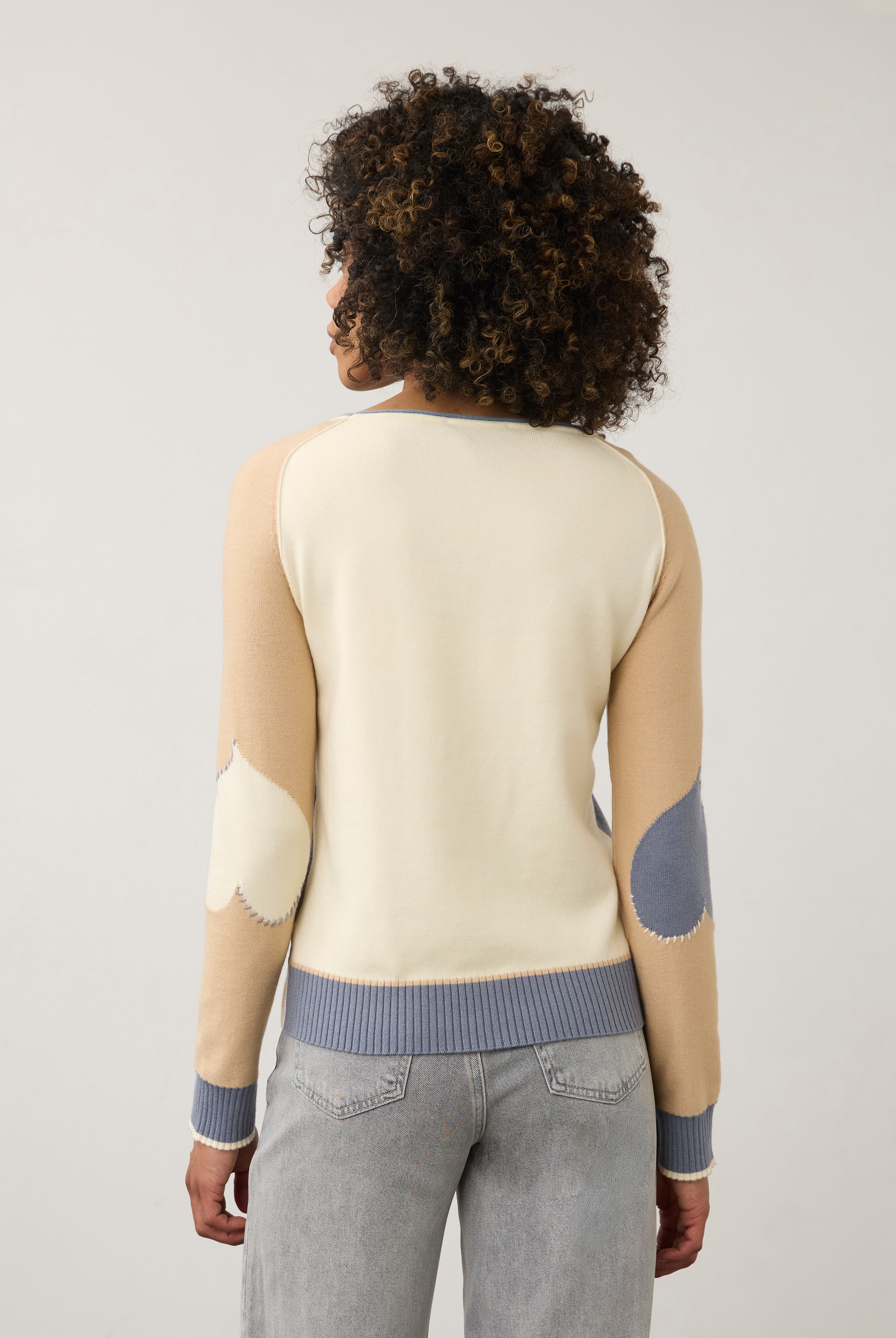 Back view of colorblock sweater showing seamless design by French Dressing Jeans (FDJ)