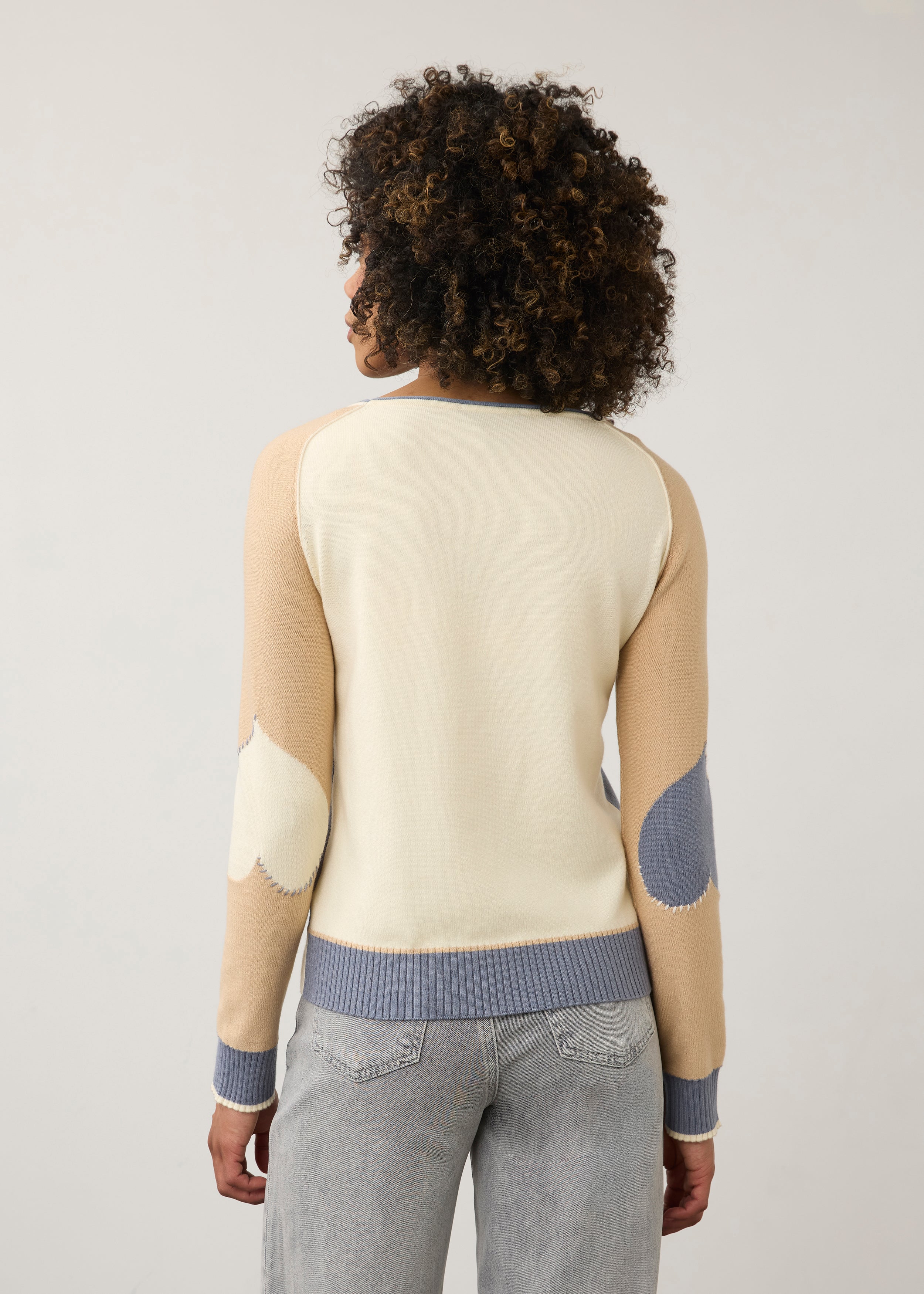 Back view of colorblock sweater showing seamless design by French Dressing Jeans (FDJ)