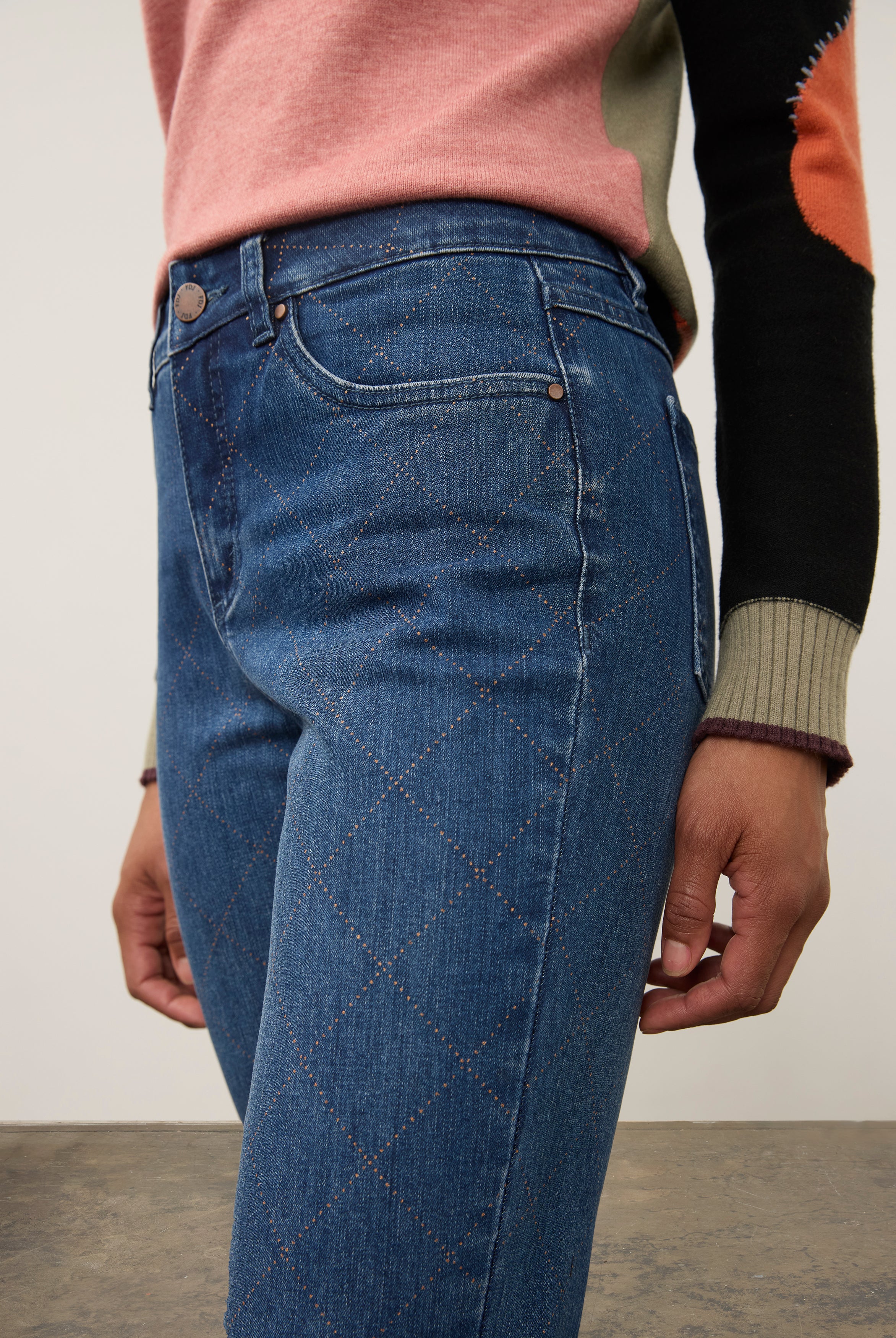 Close-up of medium blue Olivia denim with patch pocket detailing by French Dressing Jeans (FDJ)