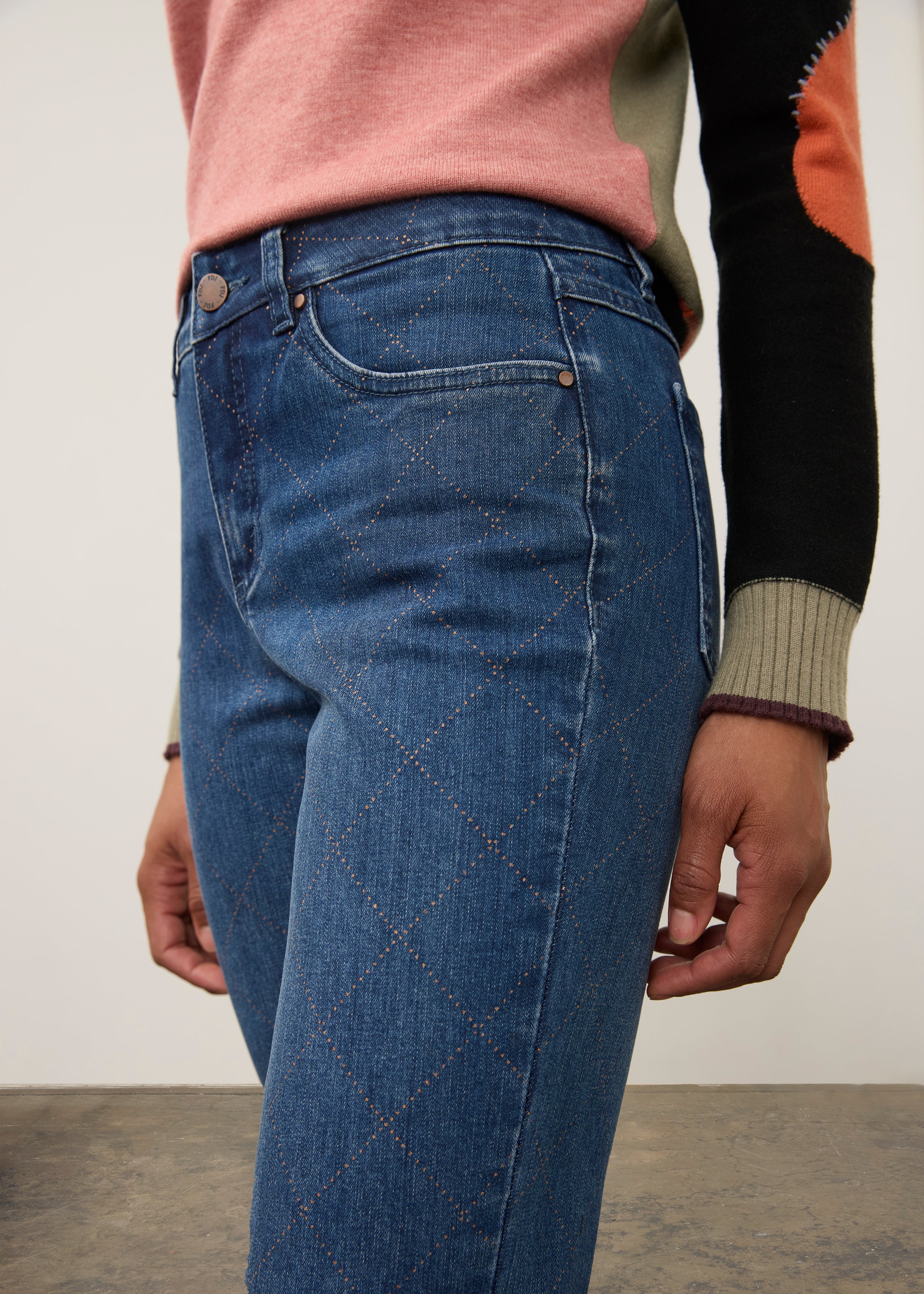 Close-up of medium blue Olivia denim with patch pocket detailing by French Dressing Jeans (FDJ)