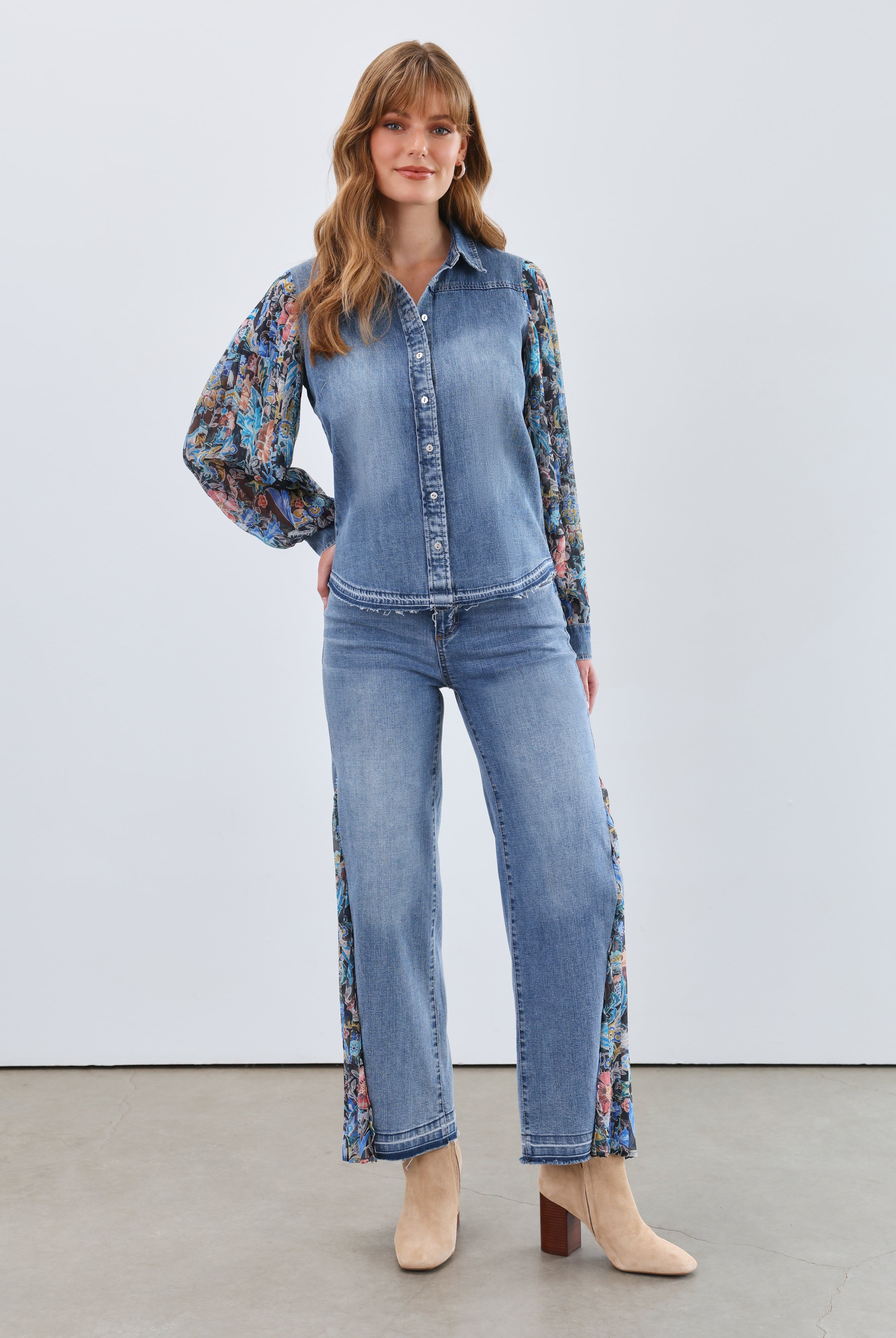 Pleated sleeve chambray shirt