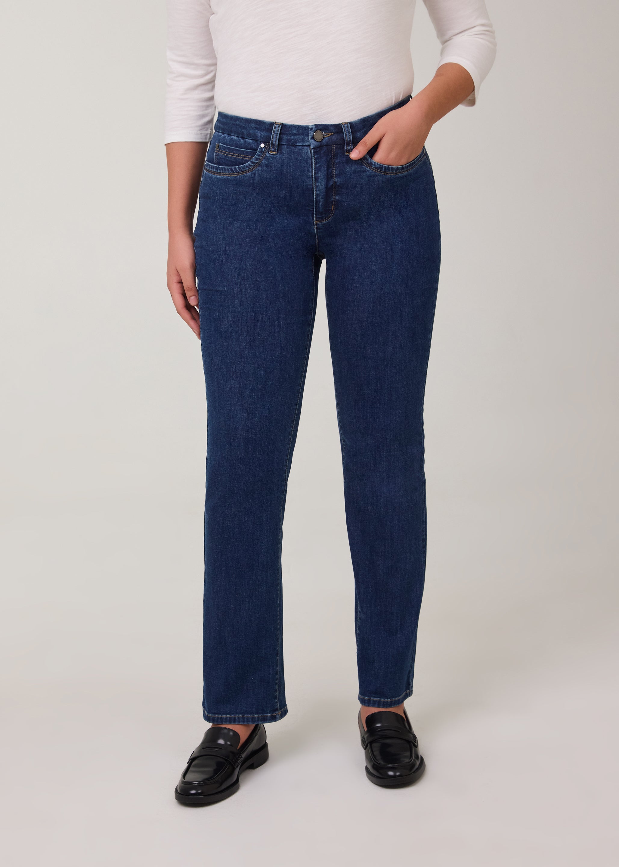 Front view of tapered straight leg jeans in Delight color by French Dressing Jeans (FDJ)